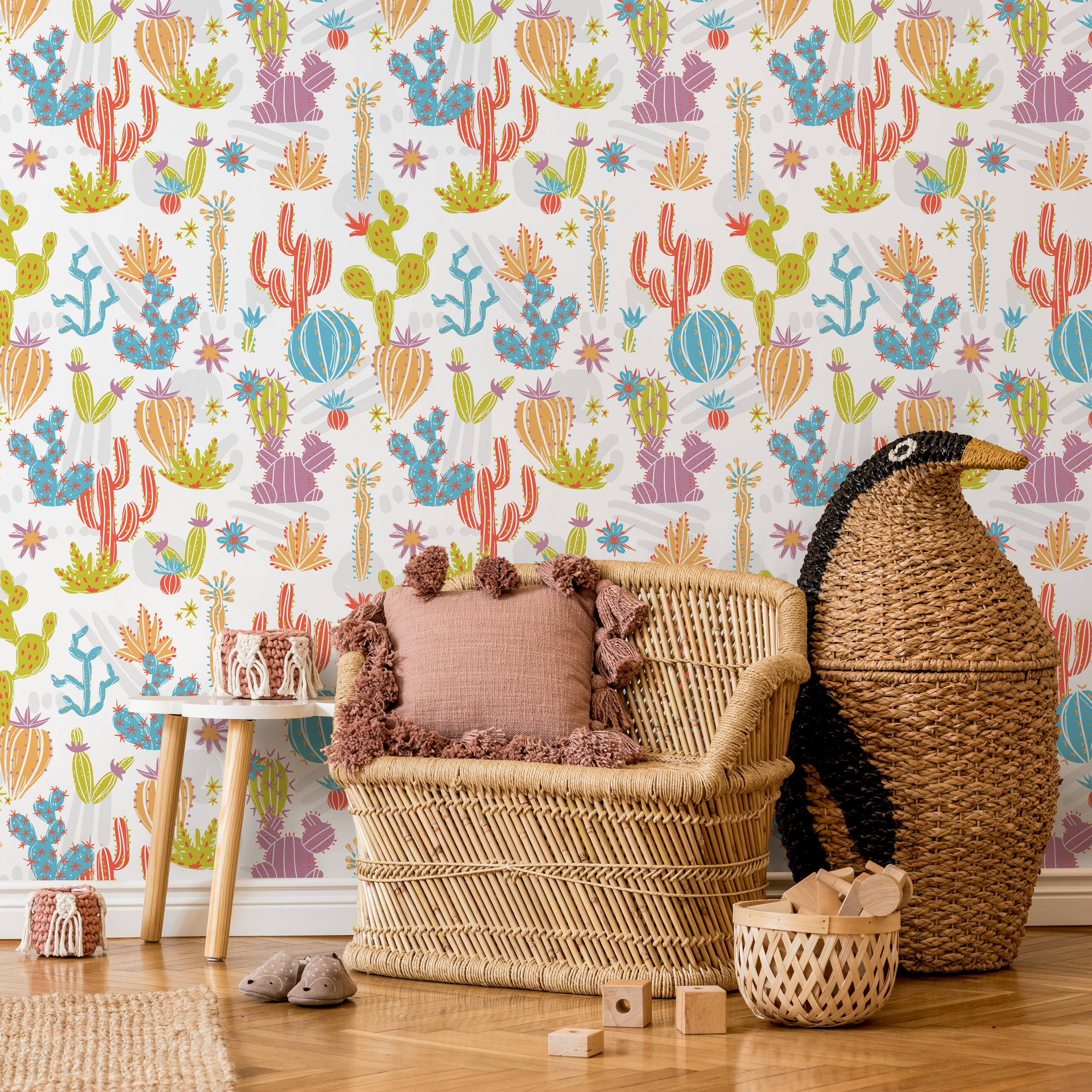 Kids Wallpaper Featuring Illustrated Cacti In Green, Blue, And Orange - A912