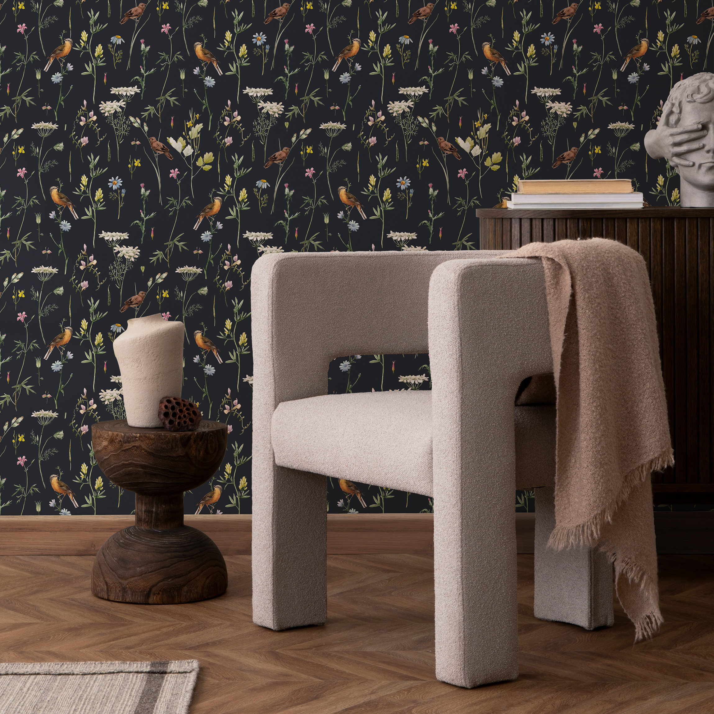 Chinoiserie Wallpaper With A Wildflower And Bird Motif In Black, White, And Yellow - A917