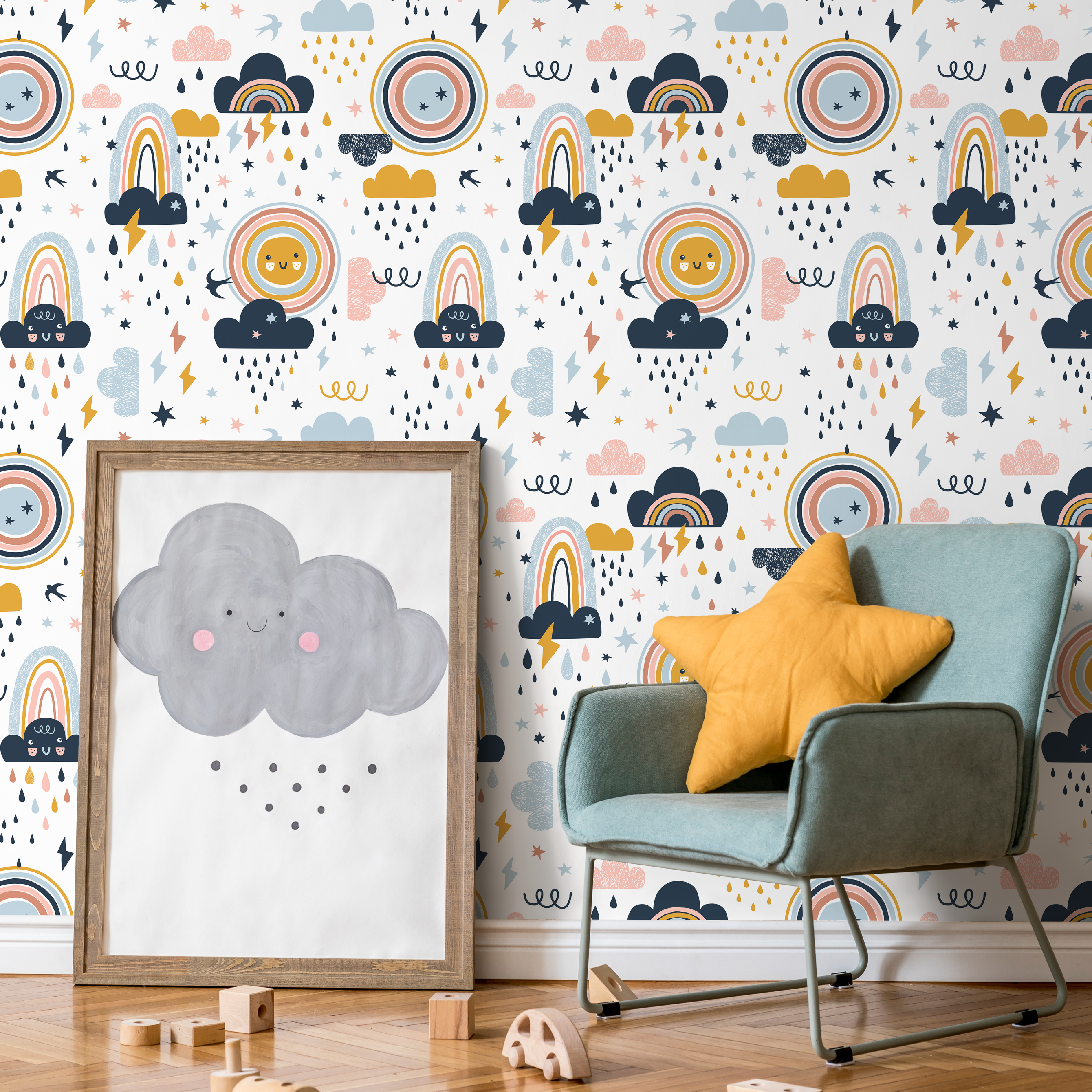 Kids Wallpaper With Smiling Suns And Rainbows In Blue, Pink, And Yellow - A921