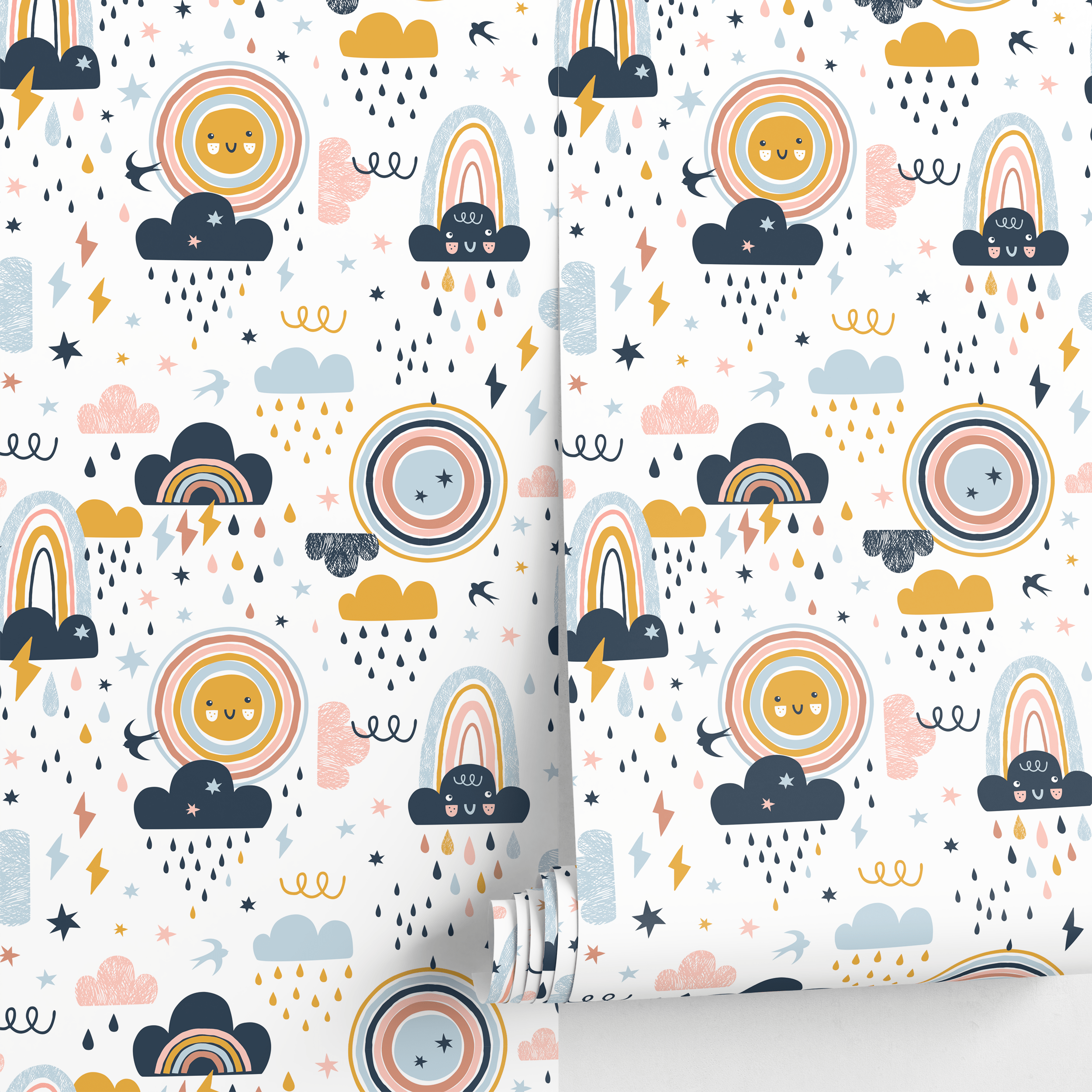 Kids Wallpaper With Smiling Suns And Rainbows In Blue, Pink, And Yellow - A921