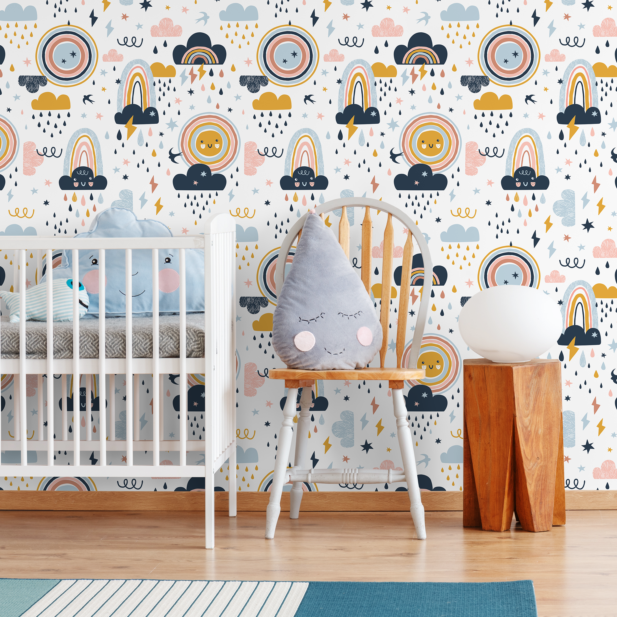 Kids Wallpaper With Smiling Suns And Rainbows In Blue, Pink, And Yellow - A921