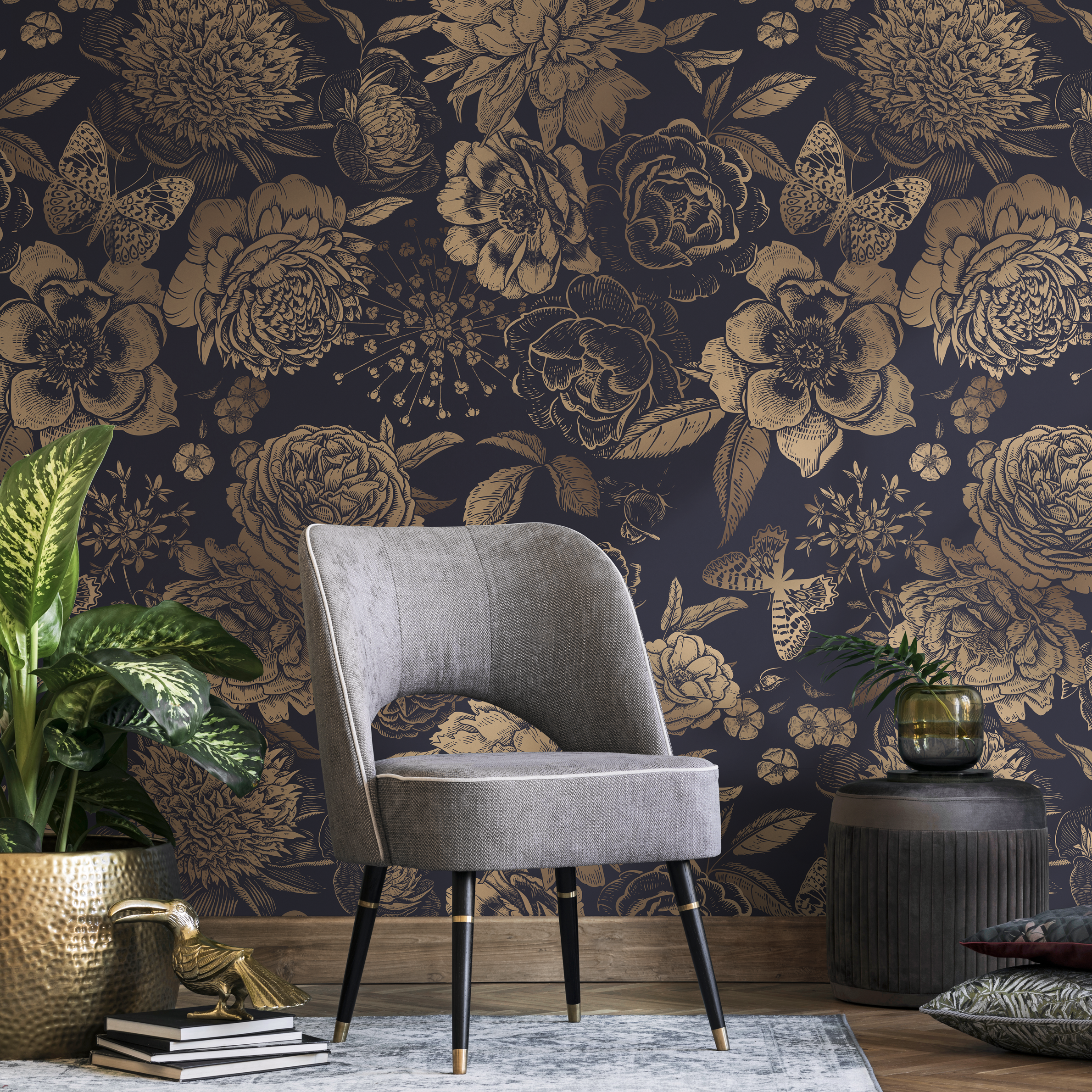 Floral Wallpaper With Vintage Peonies And Butterflies In Gold And Dark Blue - A922