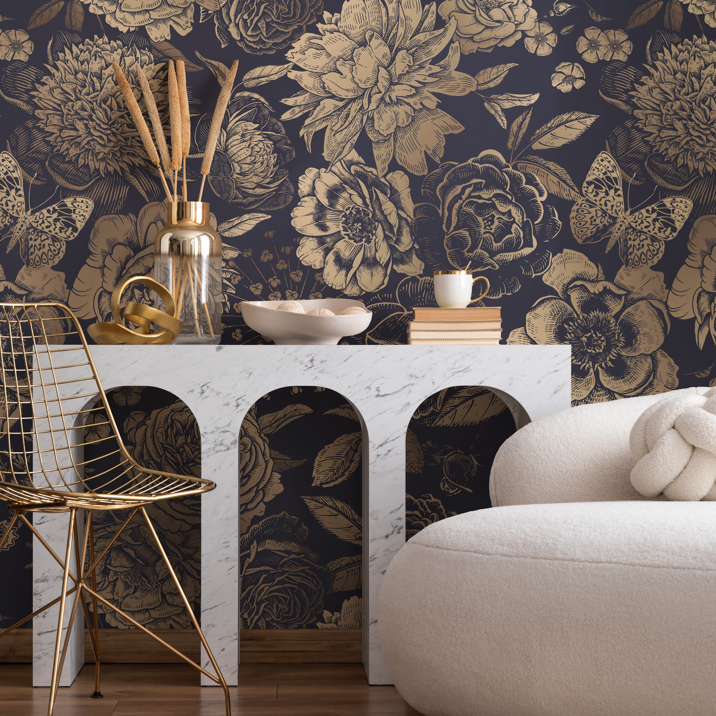 Floral Wallpaper With Vintage Peonies And Butterflies In Gold And Dark Blue - A922