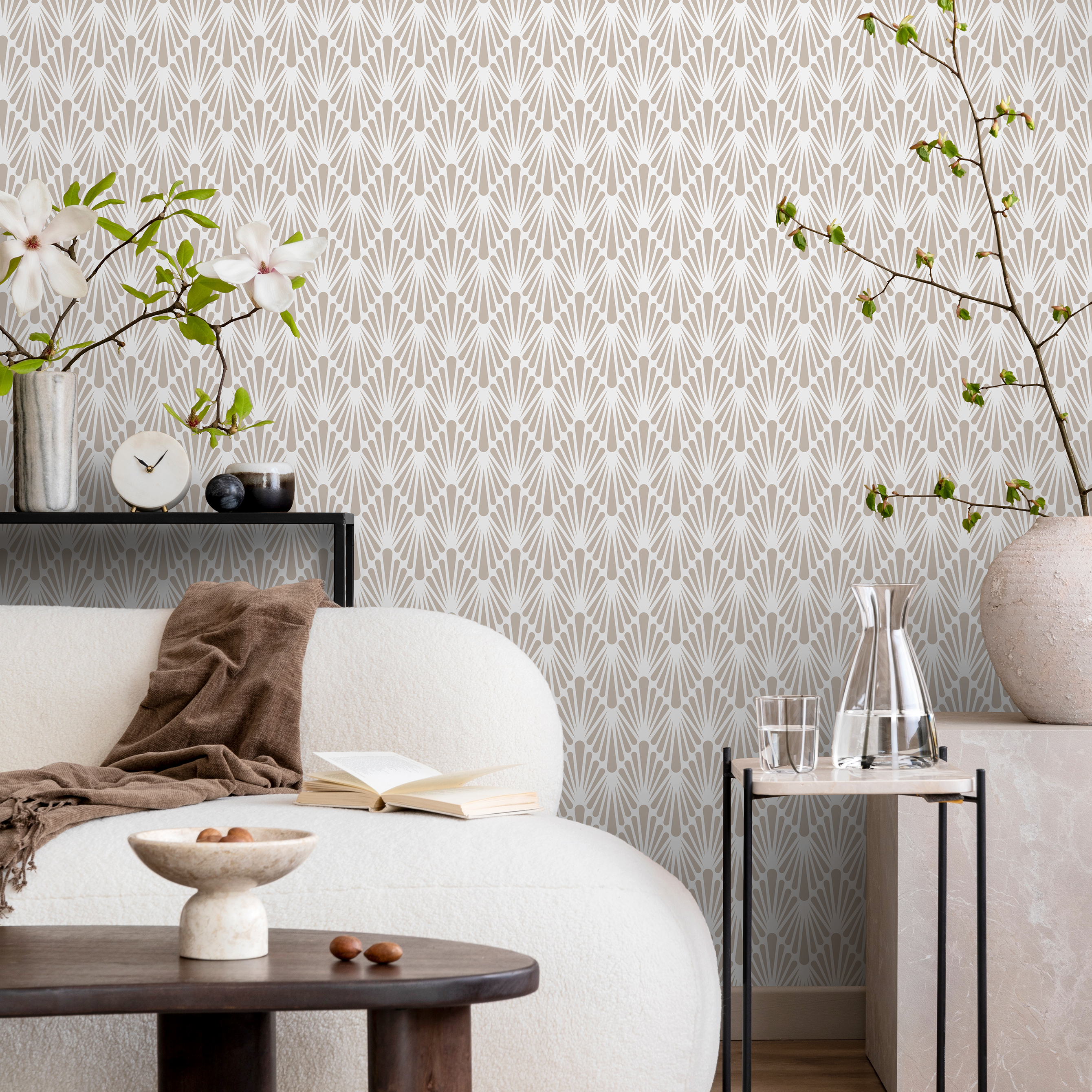 Art Deco Wallpaper With A Geometric Fan Motif In Beige - A926