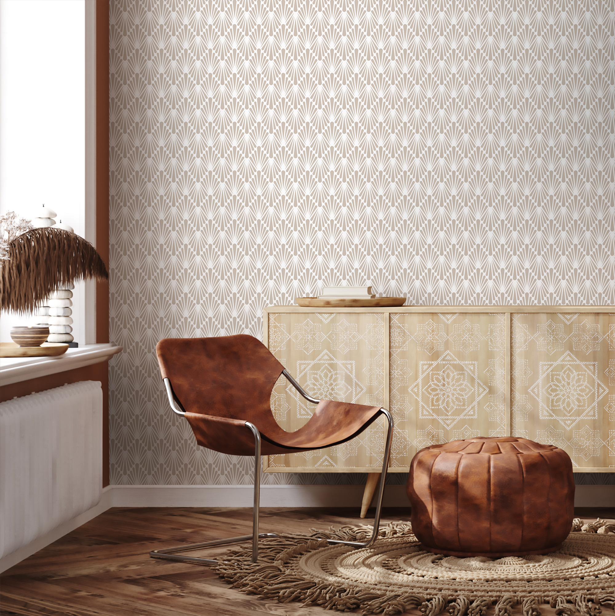 Art Deco Wallpaper With A Geometric Fan Motif In Beige - A926