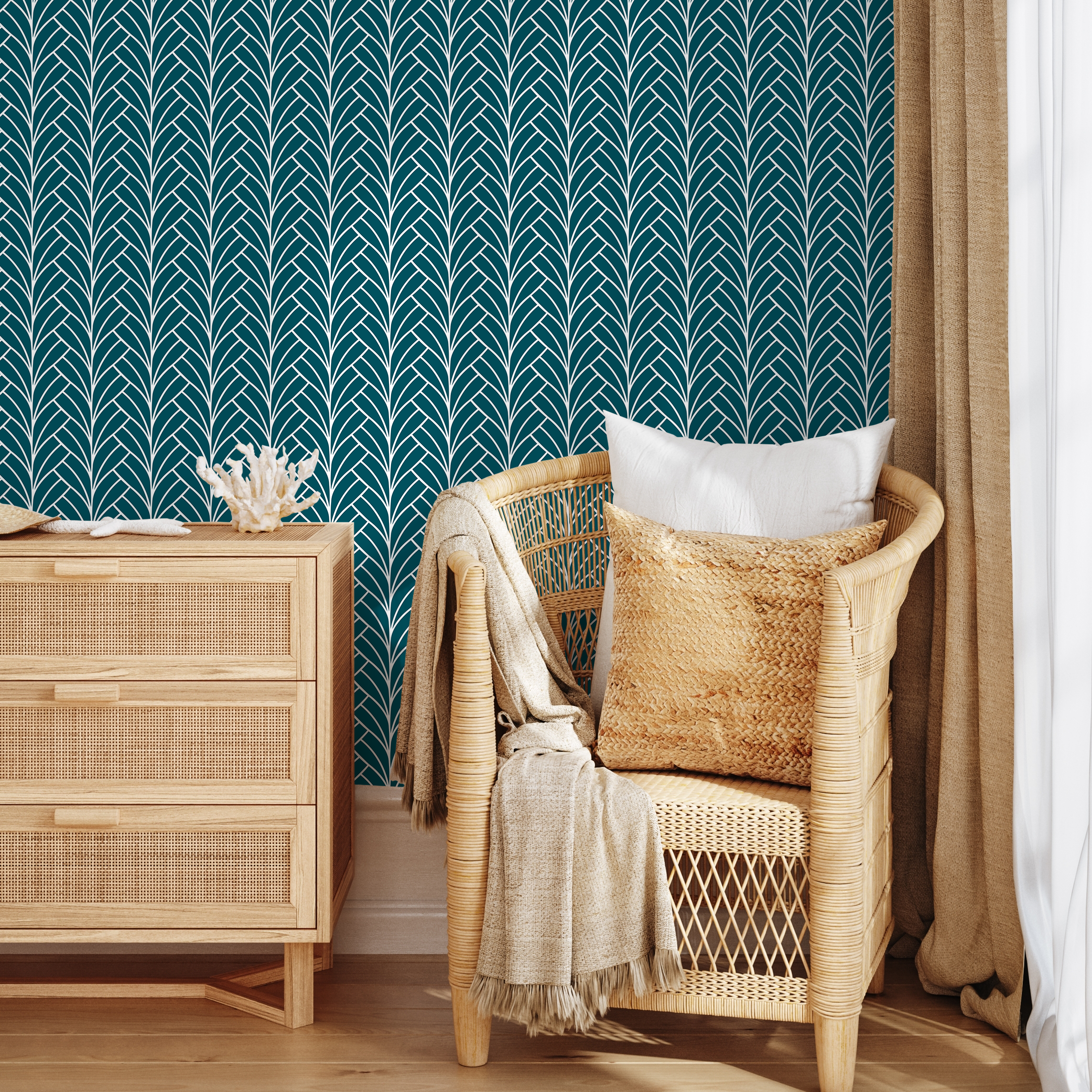 Art Deco Wallpaper With A Stylized Fan Leaf Motif In Teal And Silver - A929