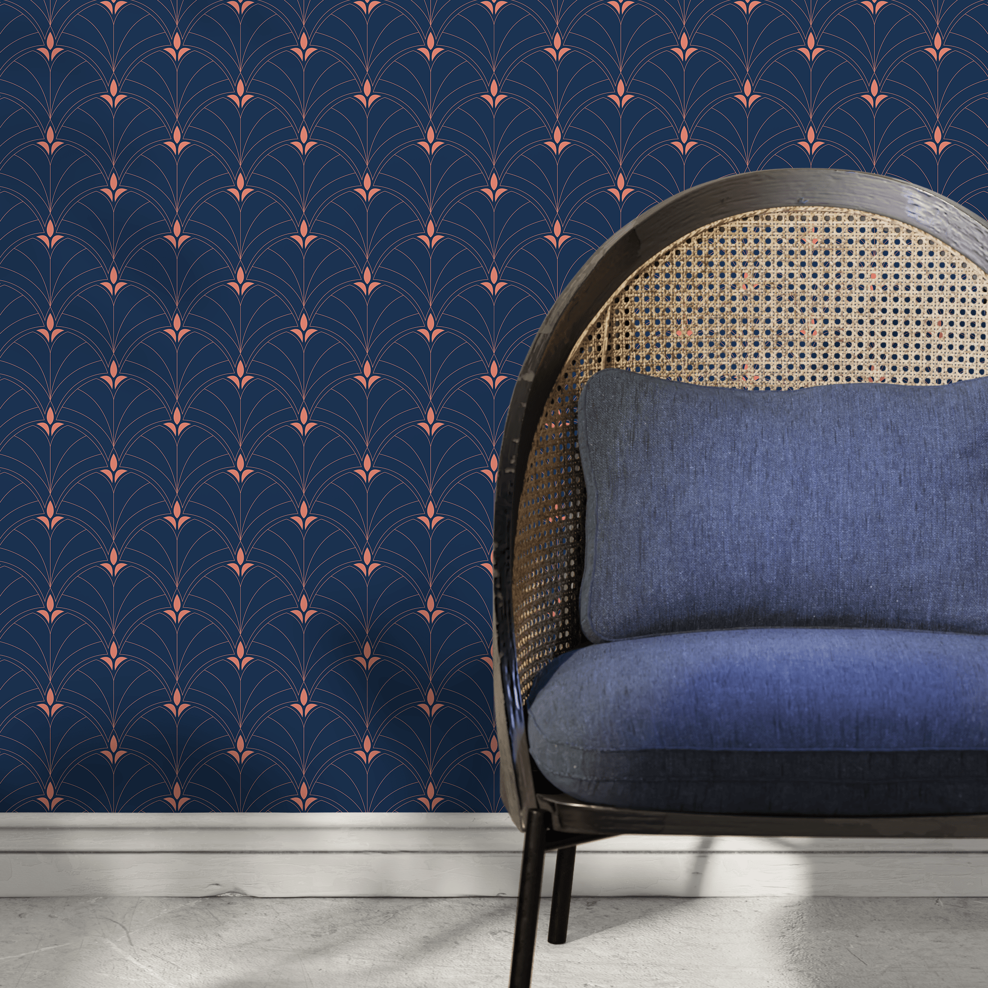 Art Deco Wallpaper With A Geometric Fan Motif In Navy Blue And Copper - A930