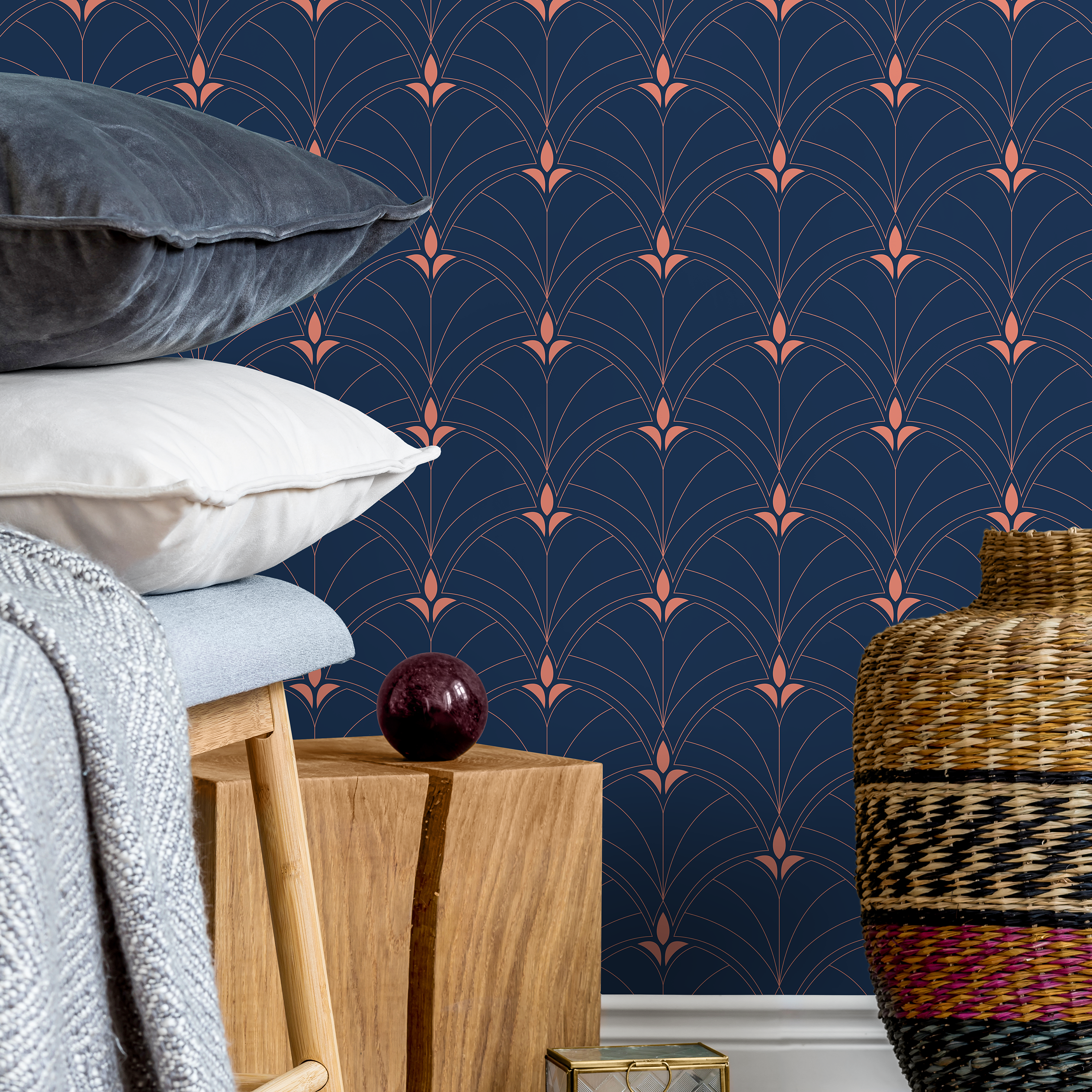 Art Deco Wallpaper With A Geometric Fan Motif In Navy Blue And Copper - A930