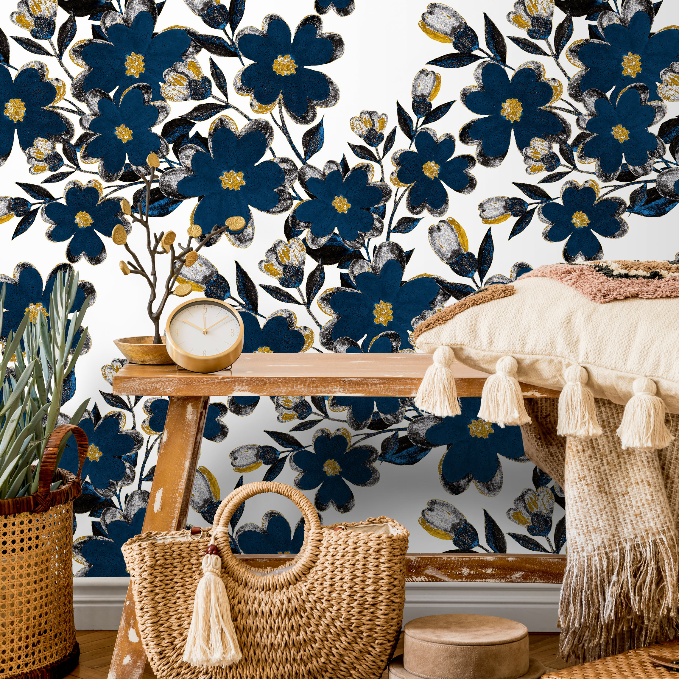 Floral Wallpaper Featuring Bold Flowers In Blue, Gold, And Black - A933