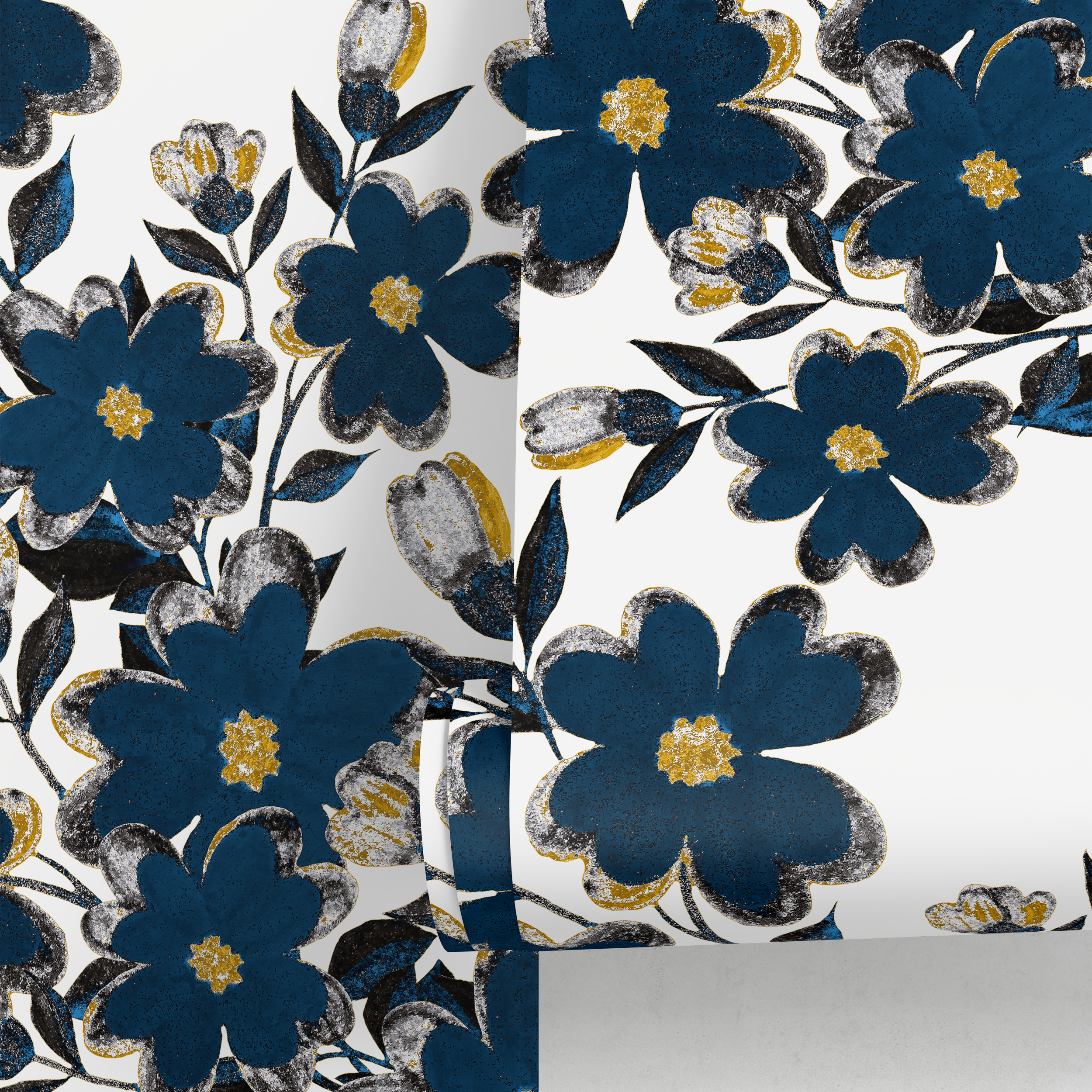 Floral Wallpaper Featuring Bold Flowers In Blue, Gold, And Black - A933