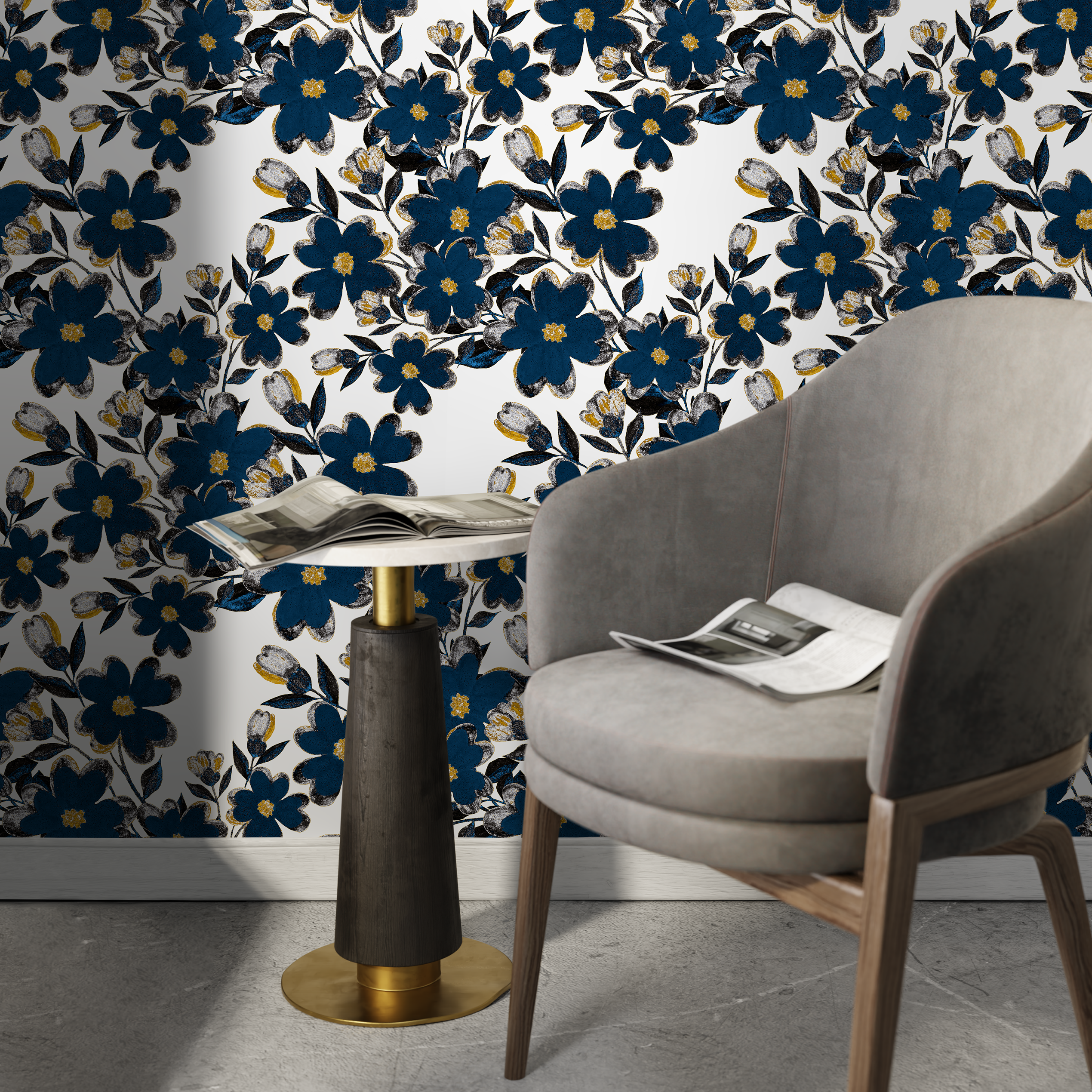 Floral Wallpaper Featuring Bold Flowers In Blue, Gold, And Black - A933
