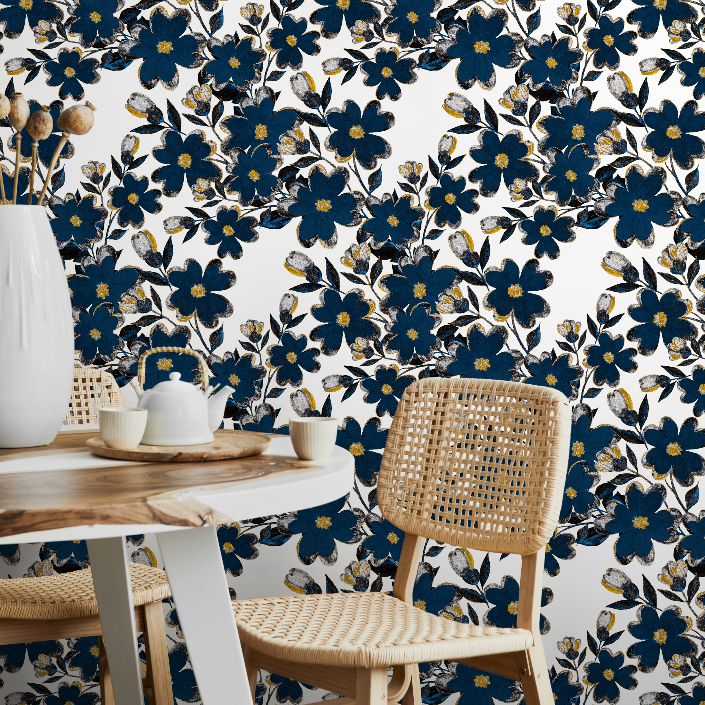 Floral Wallpaper Featuring Bold Flowers In Blue, Gold, And Black - A933