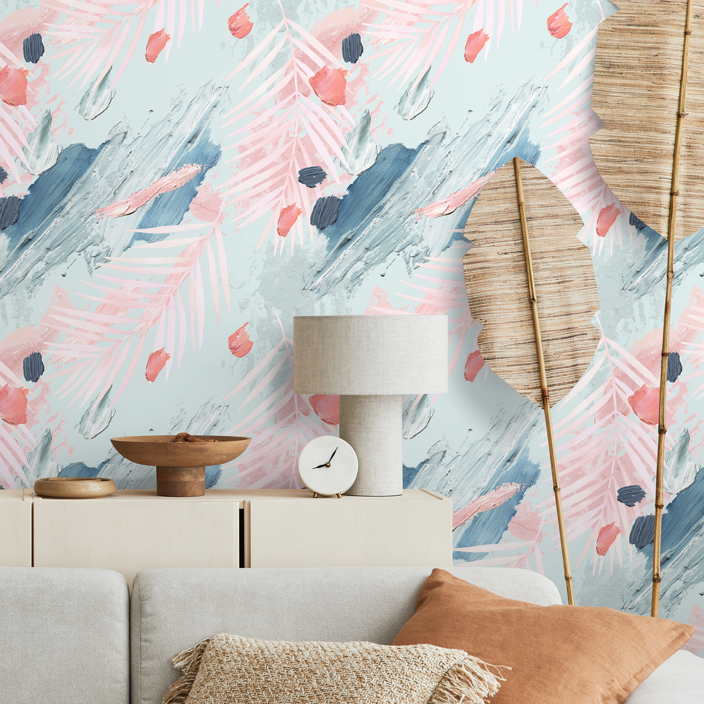 Abstract Wallpaper With Painterly Brushstrokes In Pink, Blue, And Grey - A941