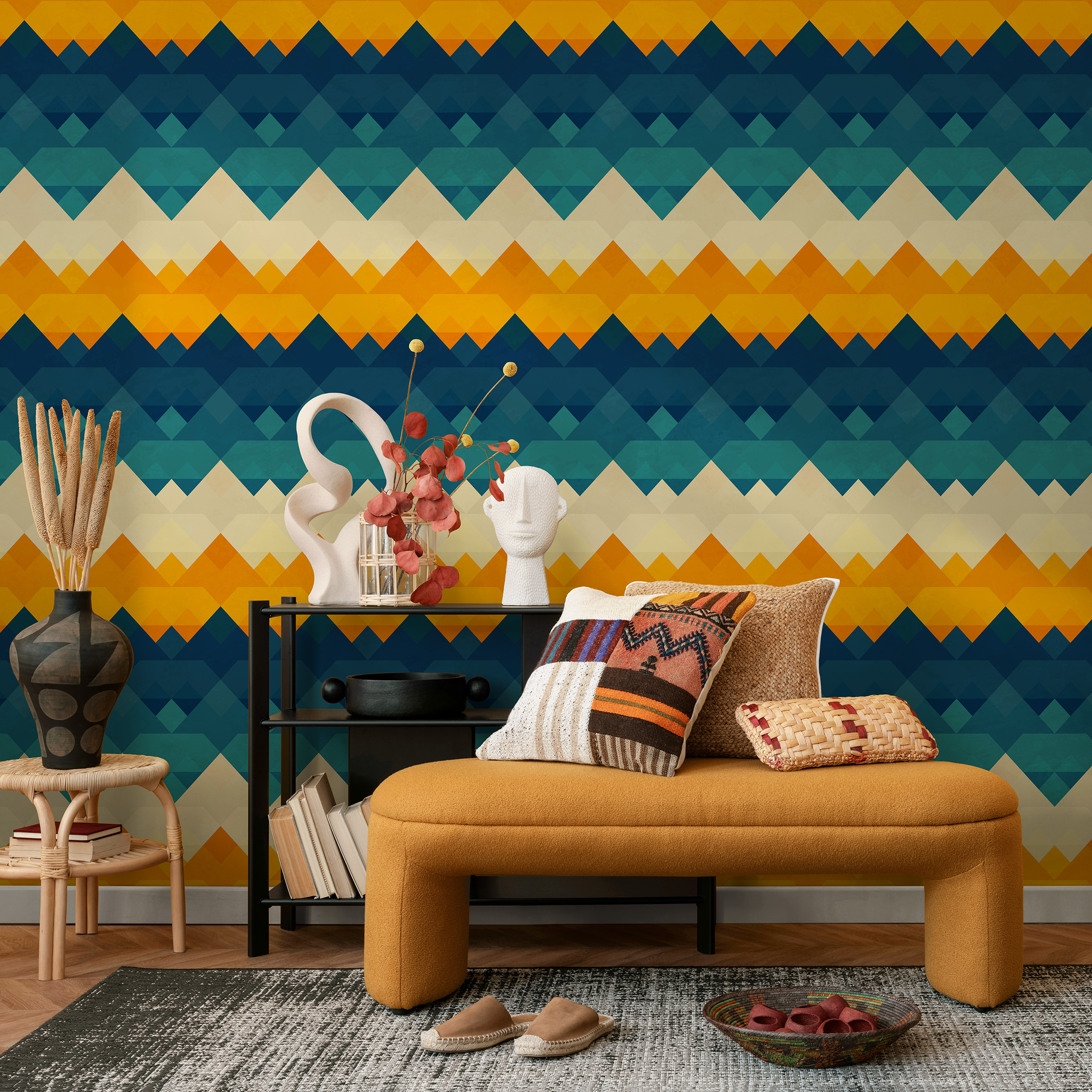 Geometric Wallpaper With A Zigzag Triangle Motif In Blue, Yellow, And Cream - A943