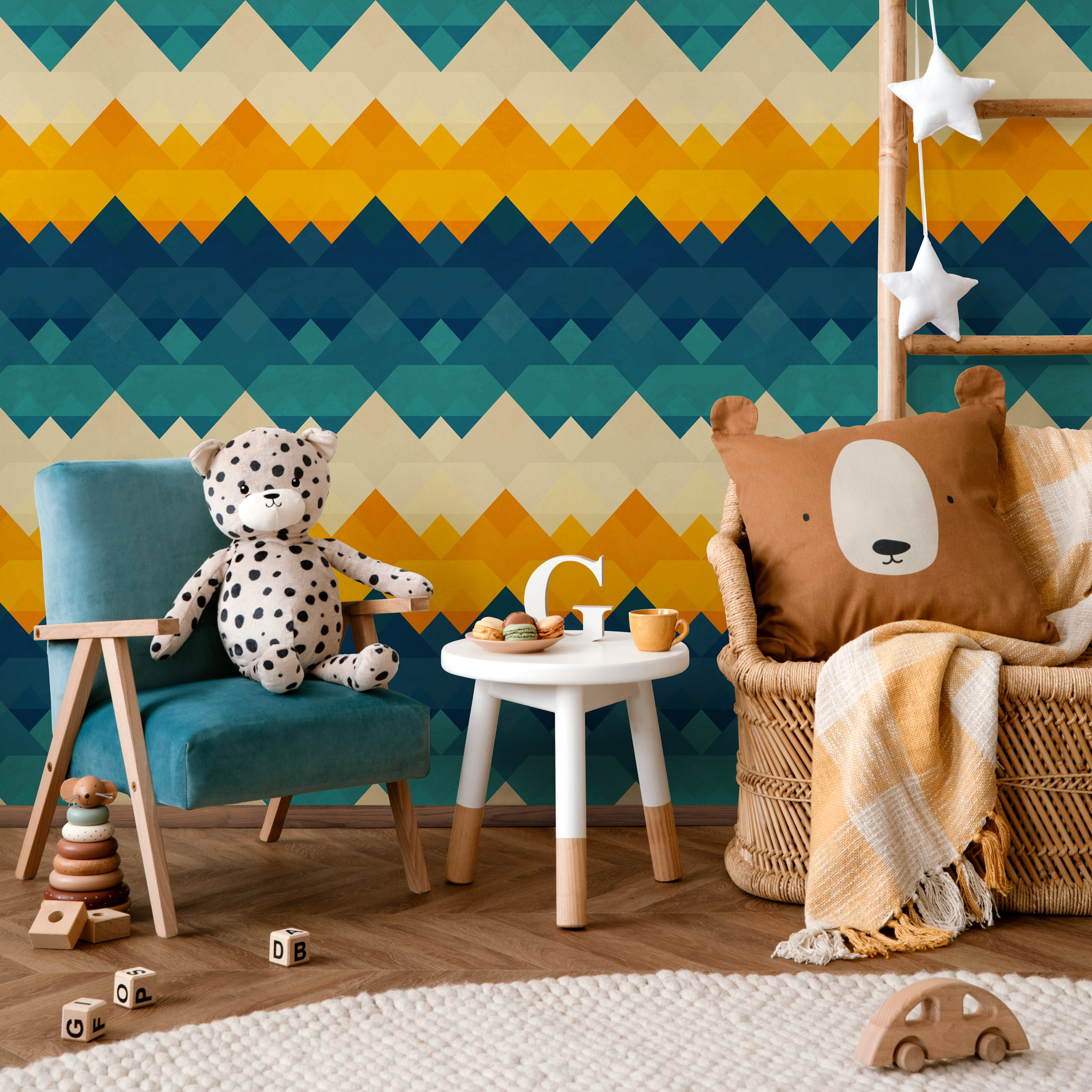 Geometric Wallpaper With A Zigzag Triangle Motif In Blue, Yellow, And Cream - A943