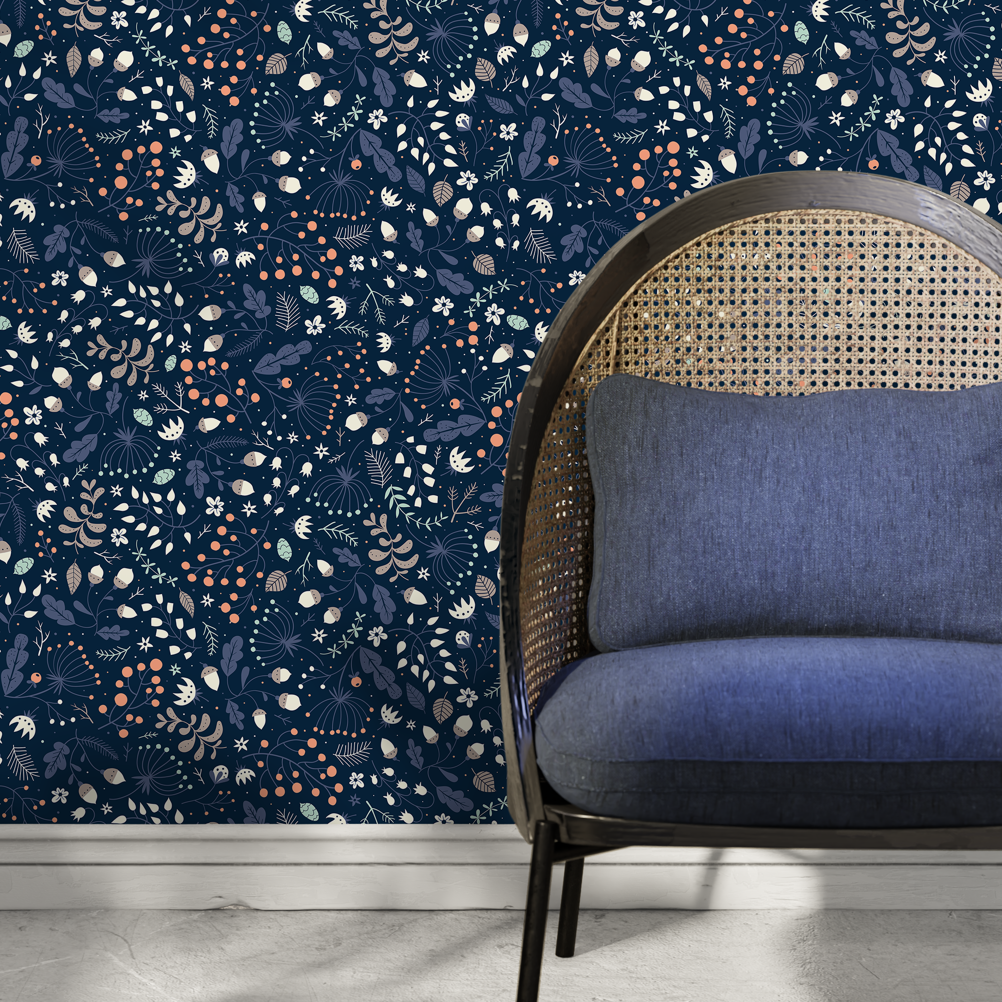Botanical Wallpaper Featuring Acorns And Berries In Navy Blue And Orange - A948