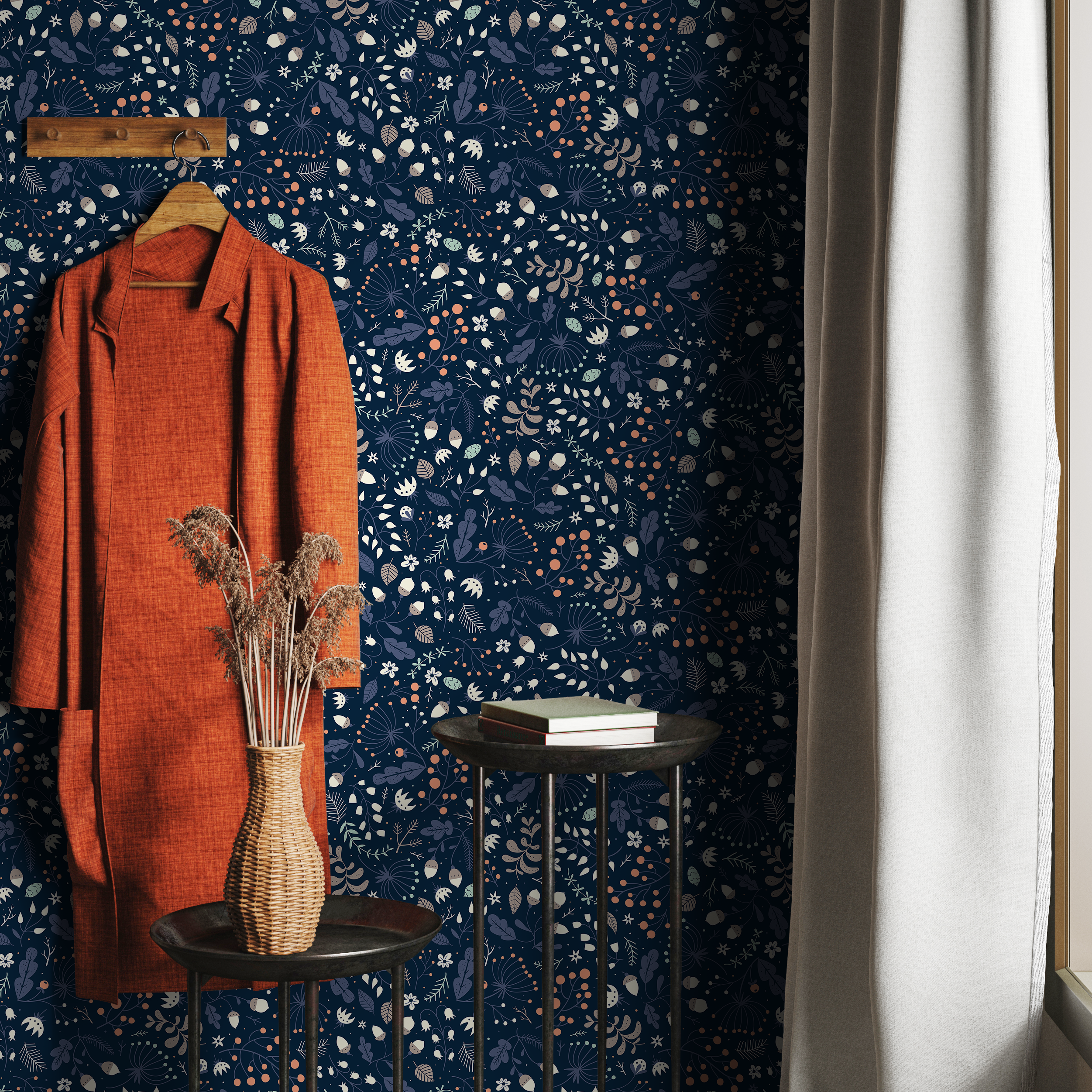 Botanical Wallpaper Featuring Acorns And Berries In Navy Blue And Orange - A948