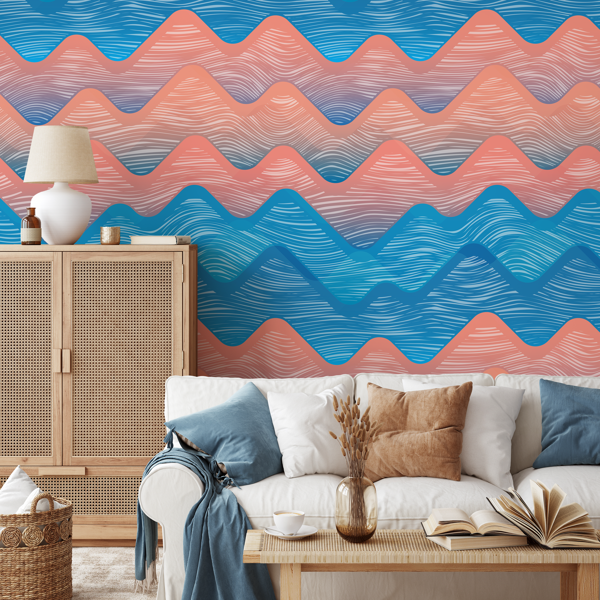 Abstract Wallpaper Featuring Stylized Wavy Mountains In Blue And Coral - A951