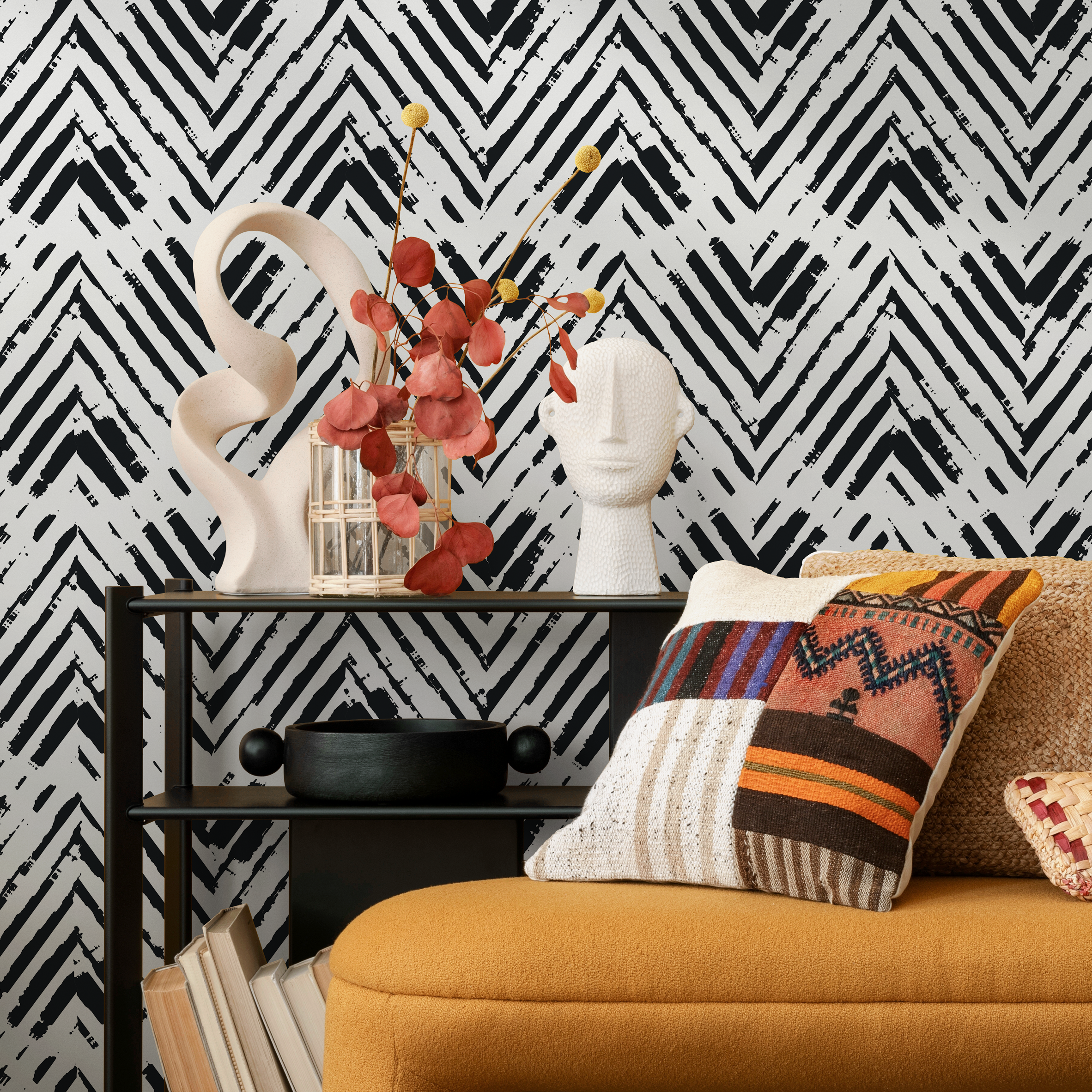 Herringbone Wallpaper With A Distressed Brushstroke Motif In Black And White - A953