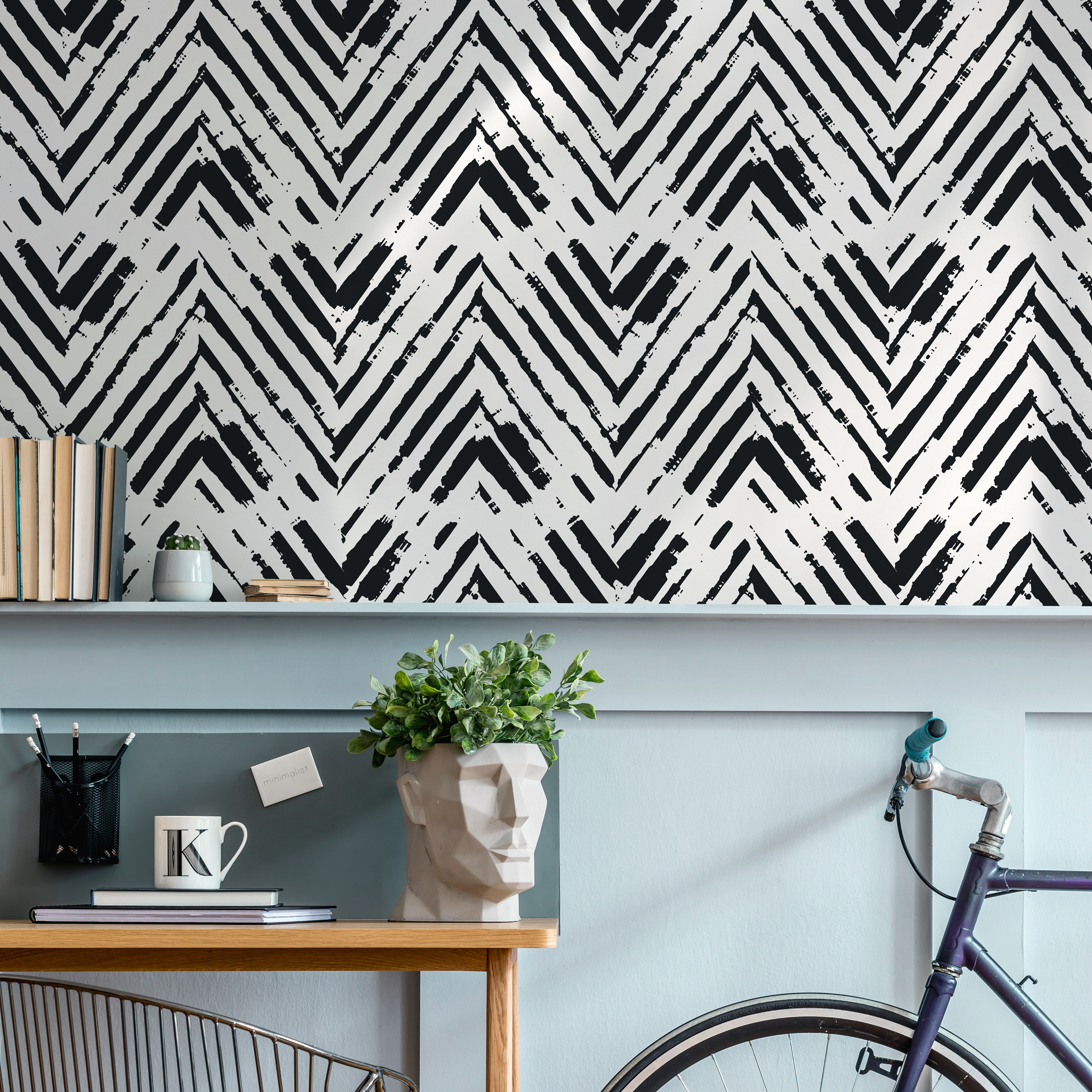 Herringbone Wallpaper With A Distressed Brushstroke Motif In Black And White - A953