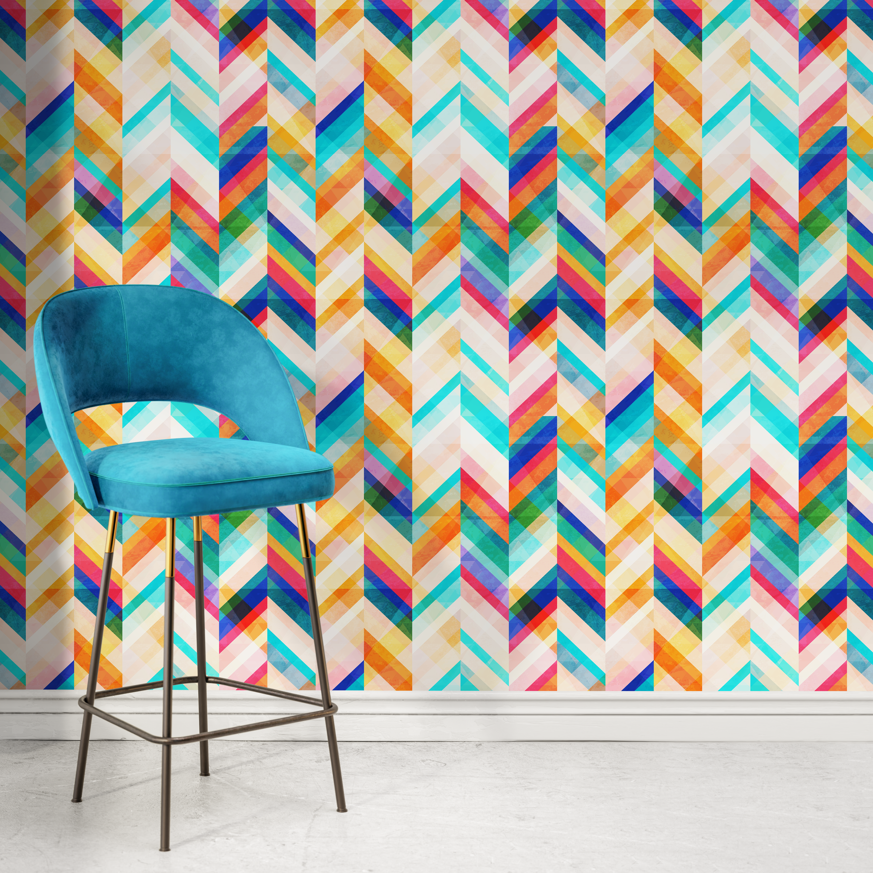 Geometric Wallpaper With A Vibrant Chevron Motif In Blue, Yellow, And Pink - A954