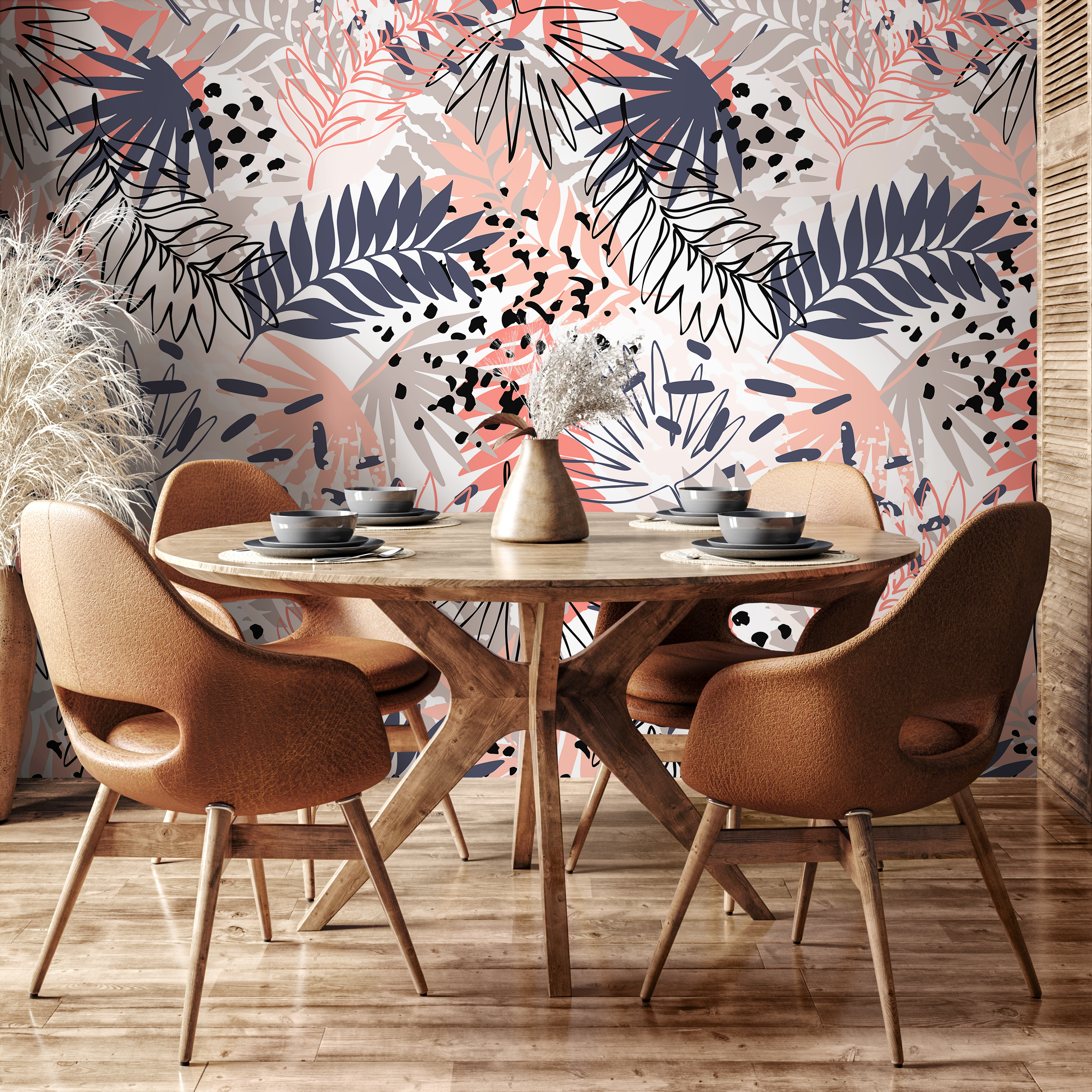 Abstract Botanical Wallpaper With Palm Leaves In Coral, Blue, And Taupe - A957