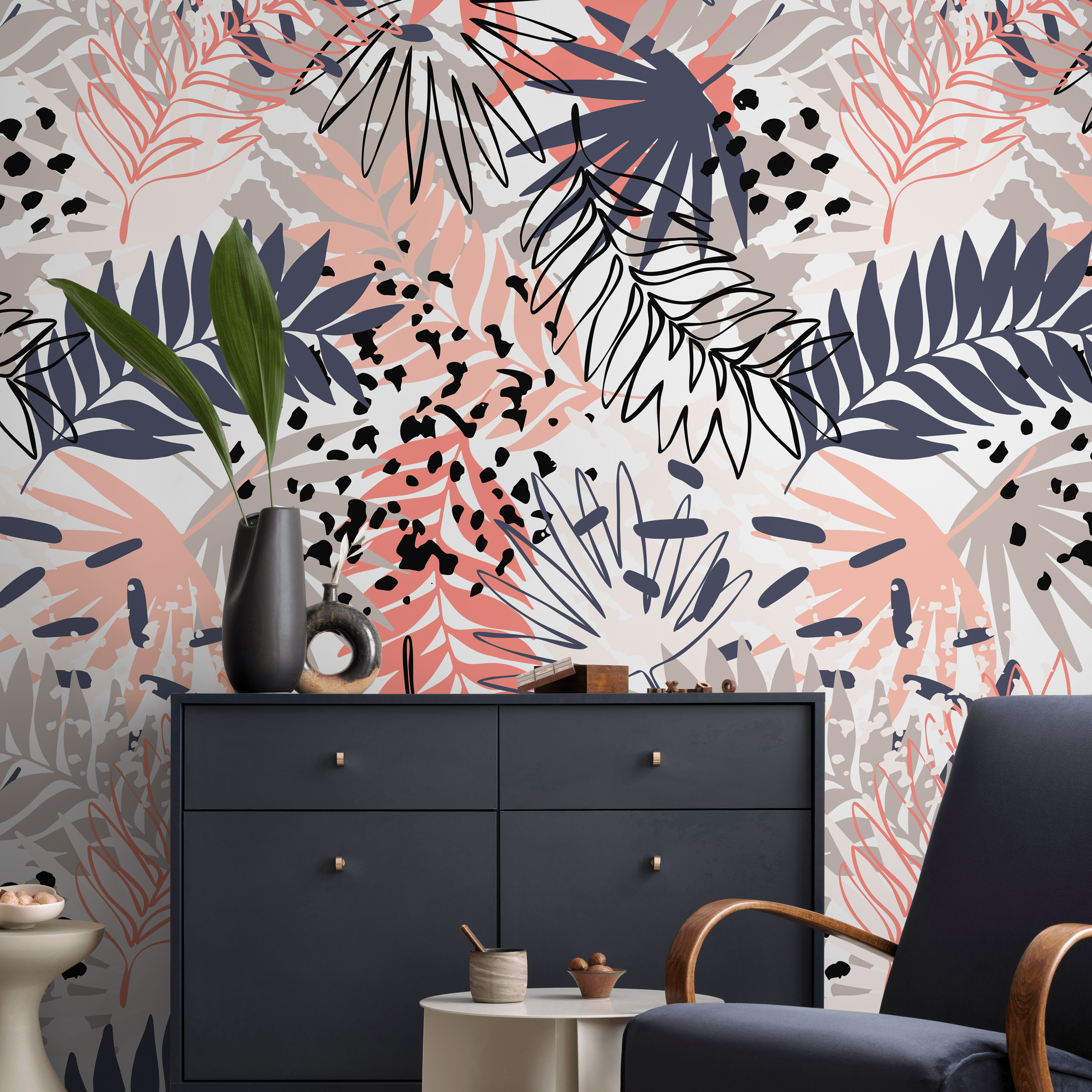 Abstract Botanical Wallpaper With Palm Leaves In Coral, Blue, And Taupe - A957