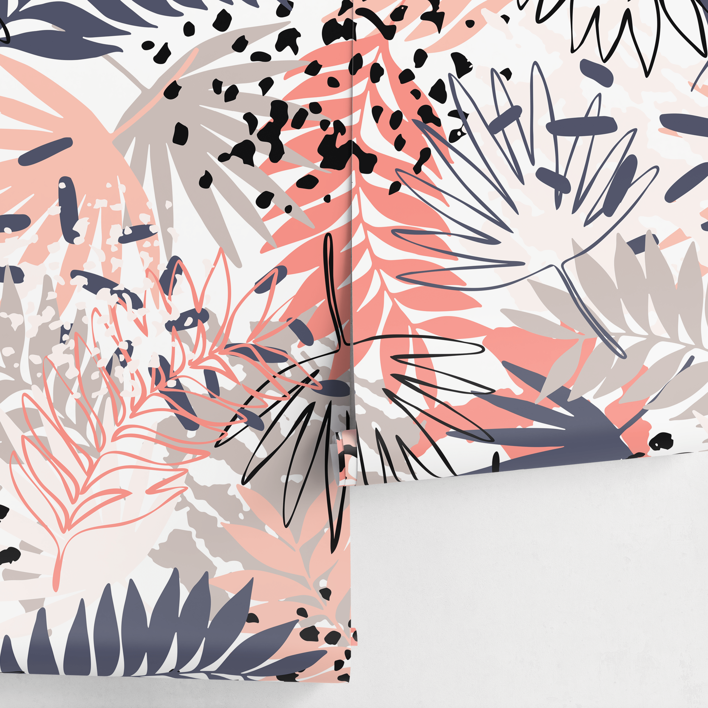 Abstract Botanical Wallpaper With Palm Leaves In Coral, Blue, And Taupe - A957