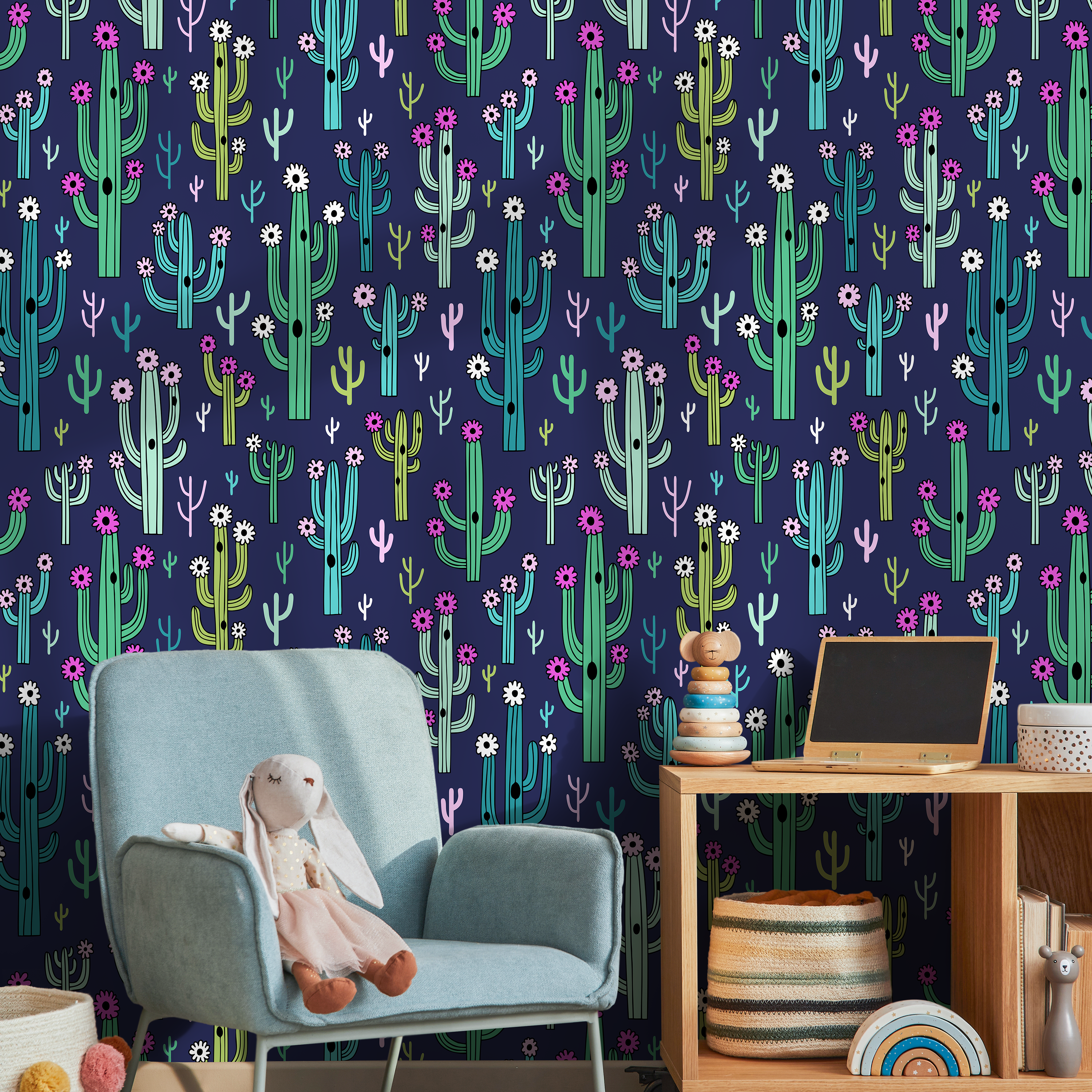Cacti Wallpaper Featuring Blooming Desert Plants In Navy, Green, And Pink - A958