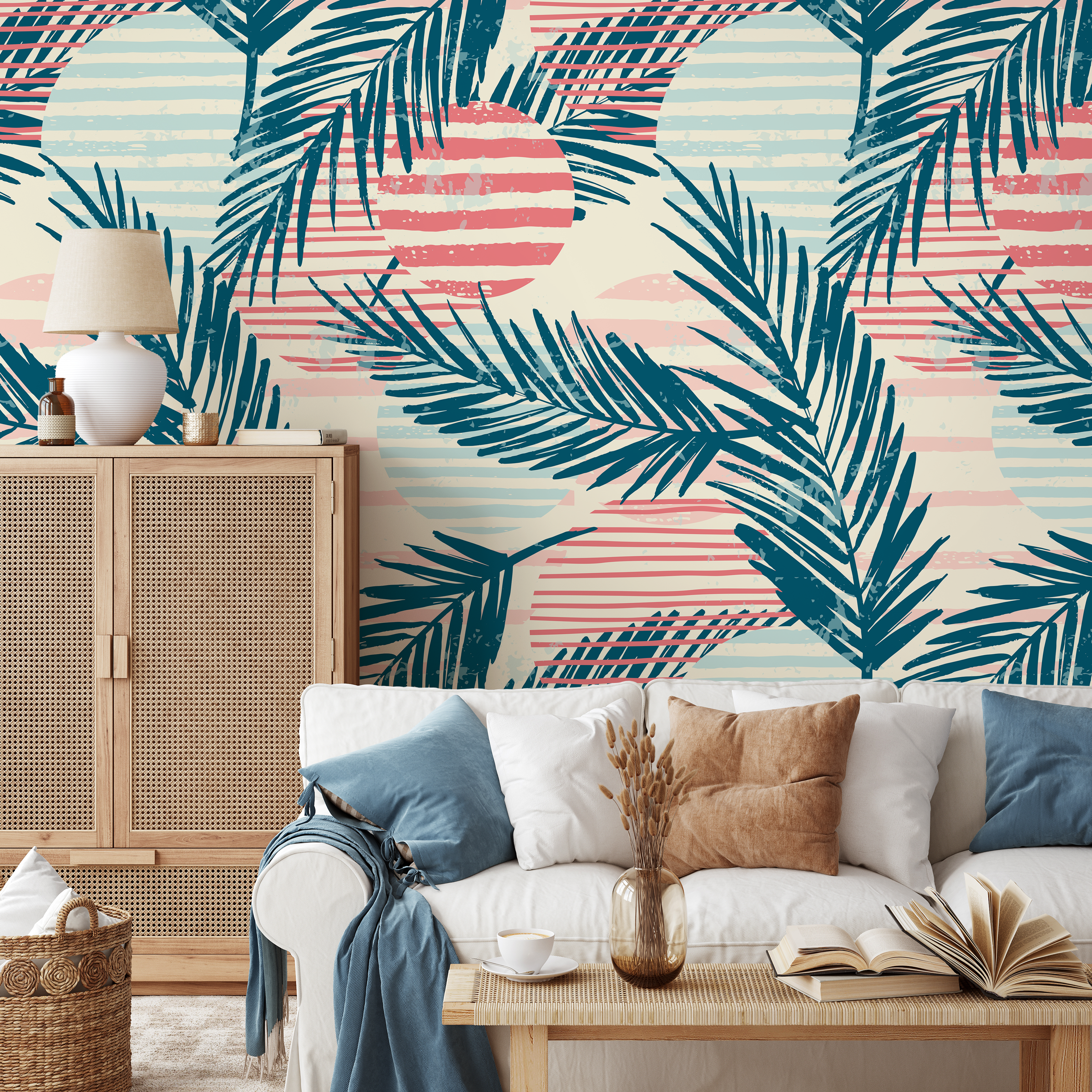 Tropical Wallpaper With Abstract Palm Leaves In Teal, Coral, And Blue - A960