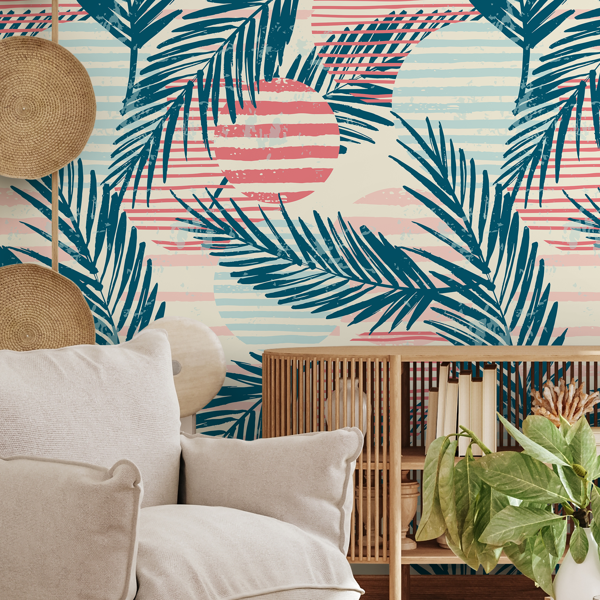 Tropical Wallpaper With Abstract Palm Leaves In Teal, Coral, And Blue - A960