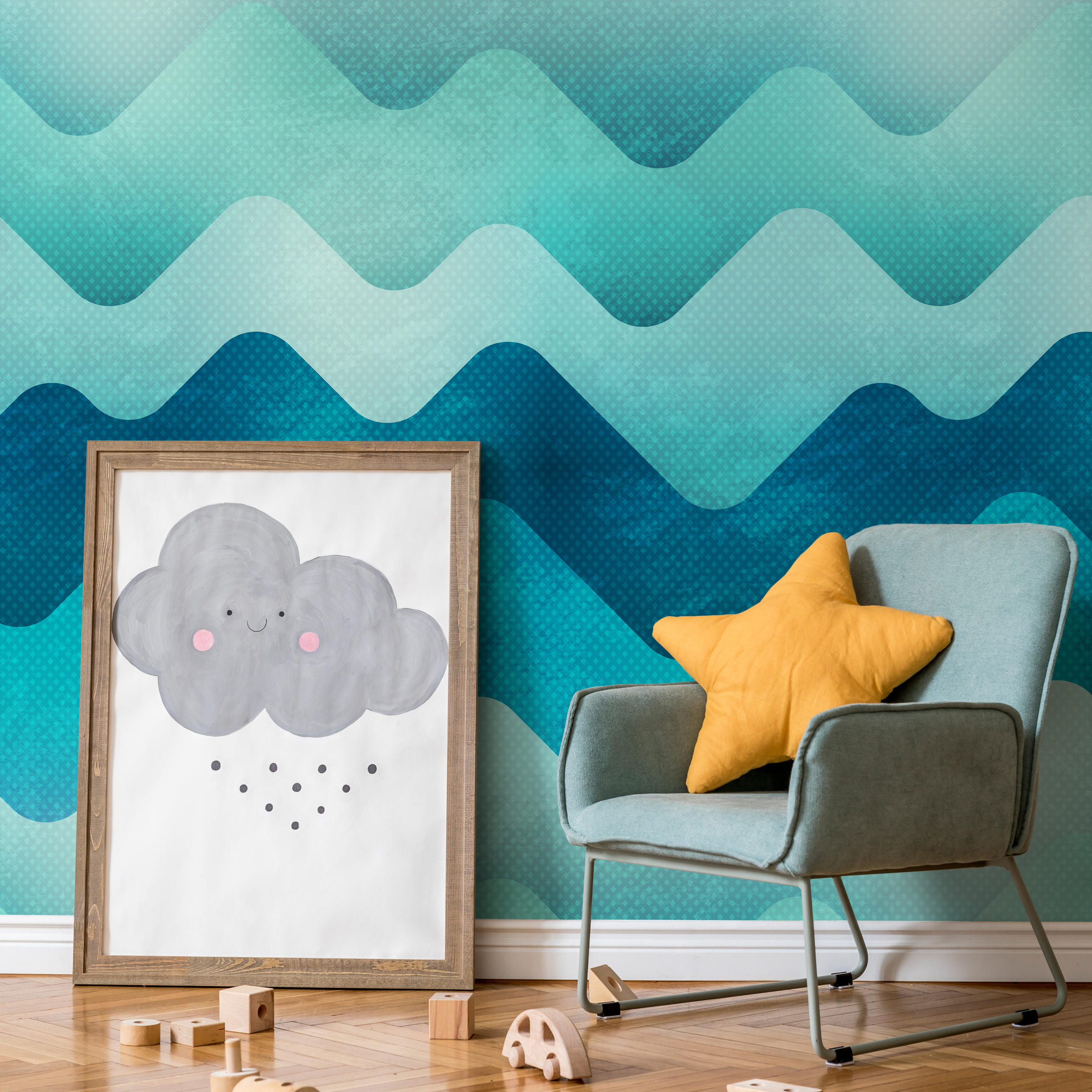 Abstract Wallpaper With A Scandinavian Wave Motif In Blue And Teal - A968