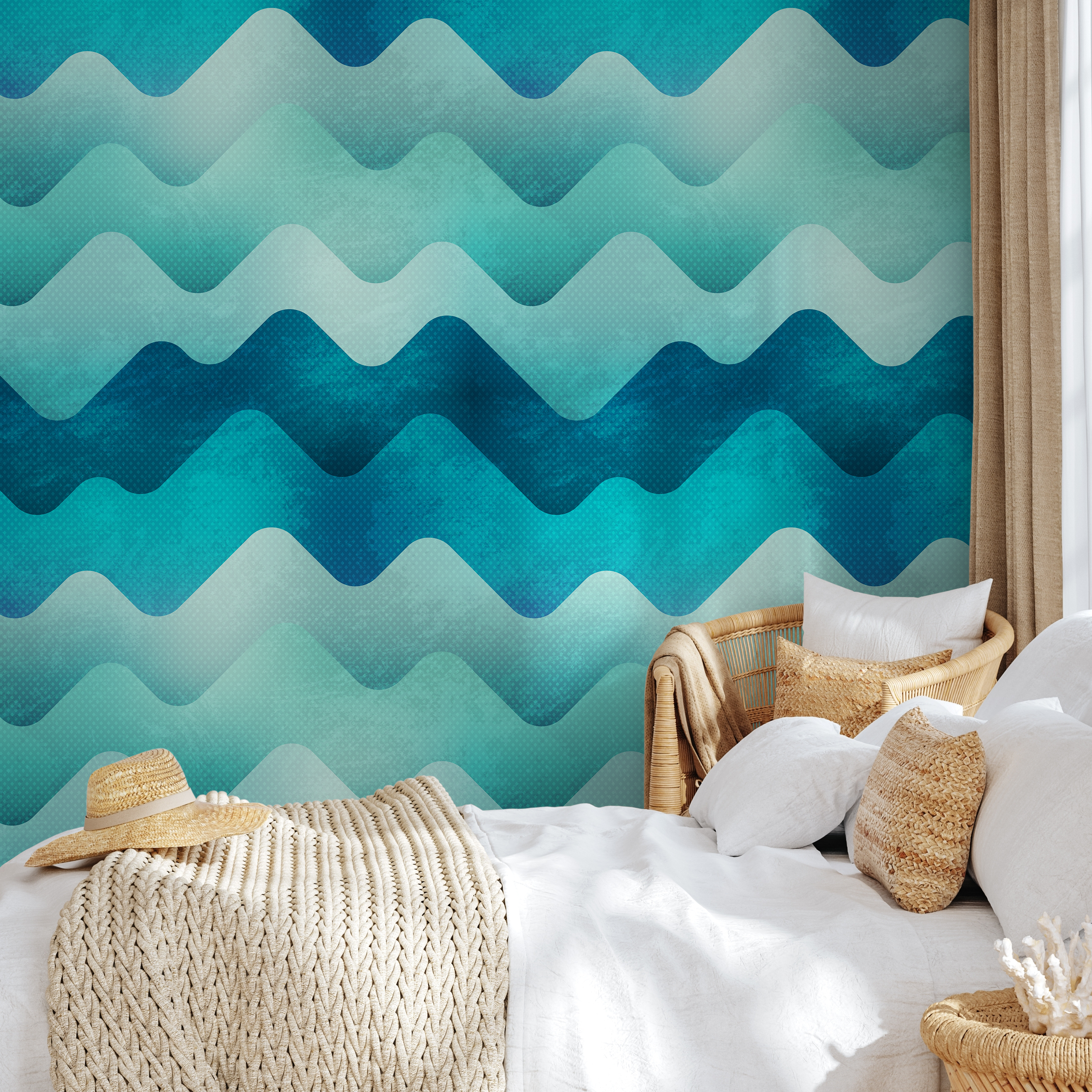 Abstract Wallpaper With A Scandinavian Wave Motif In Blue And Teal - A968