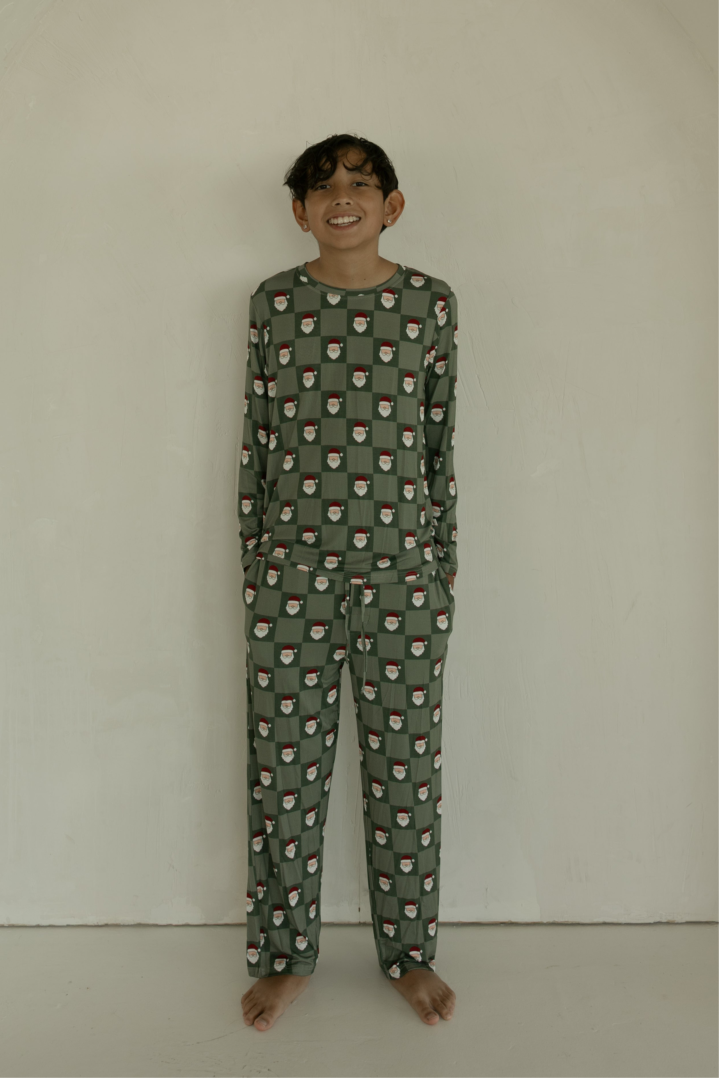 Pre-teen Straight Leg Bamboo Pajamas | Santa Checkerboard