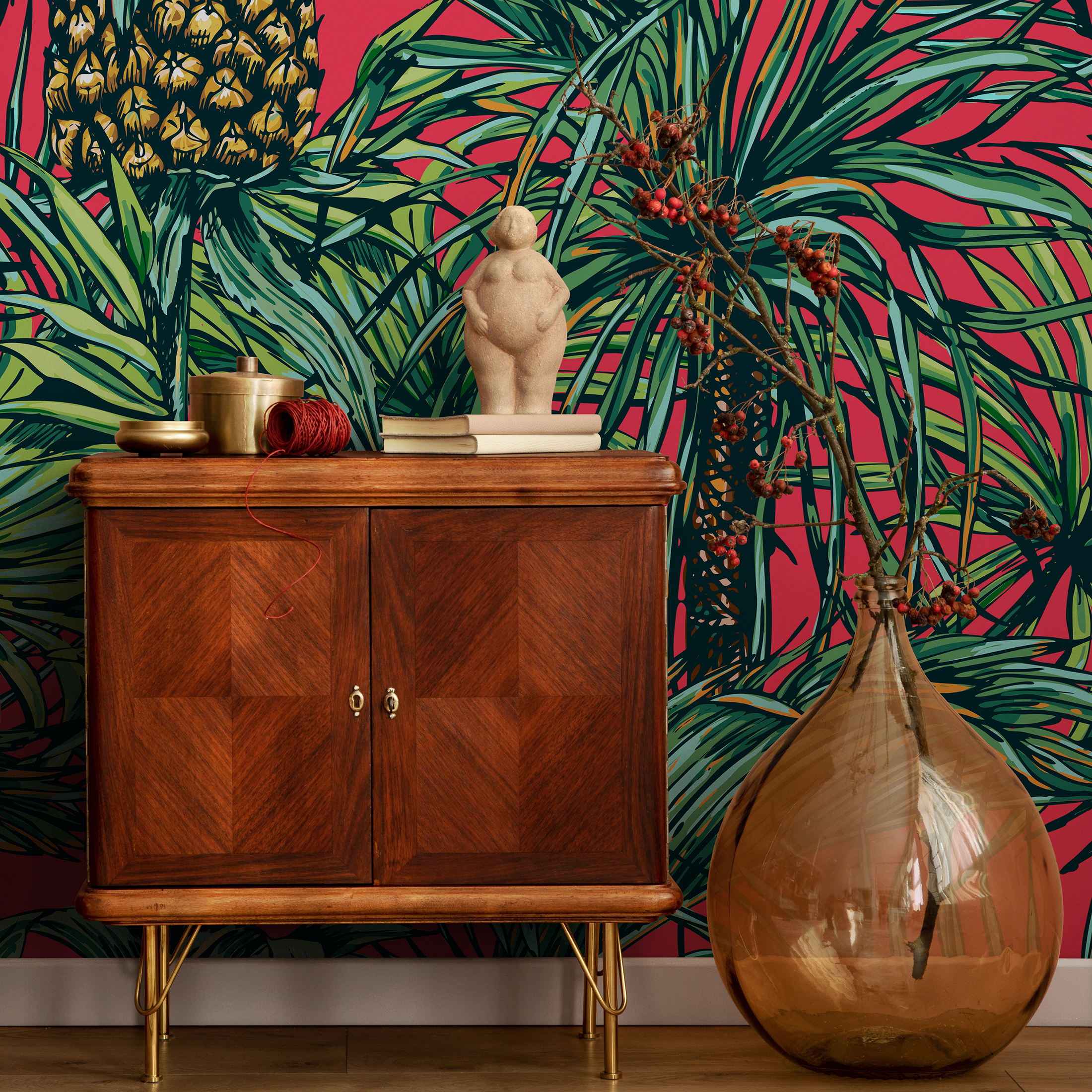 Tropical Wallpaper With Pineapples And Palm Leaves In Red, Green, And Yellow - A973