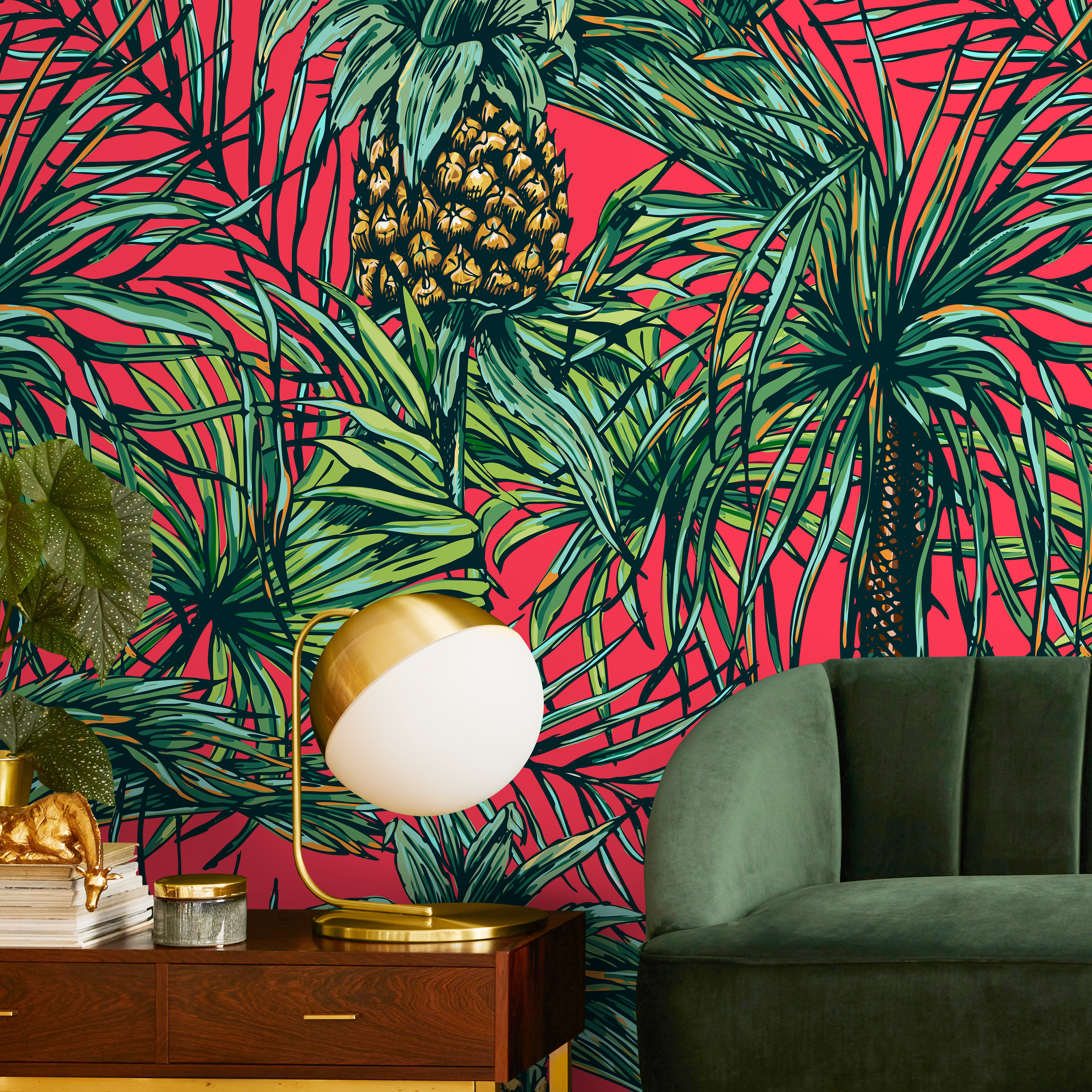 Tropical Wallpaper With Pineapples And Palm Leaves In Red, Green, And Yellow - A973