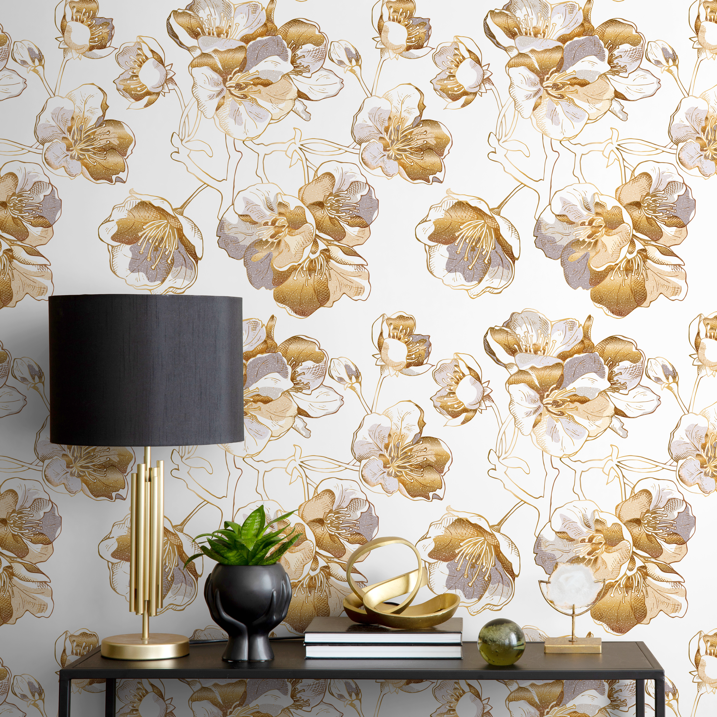Floral Wallpaper With Stylized Gold Line Flowers In Gold And Gray - A979