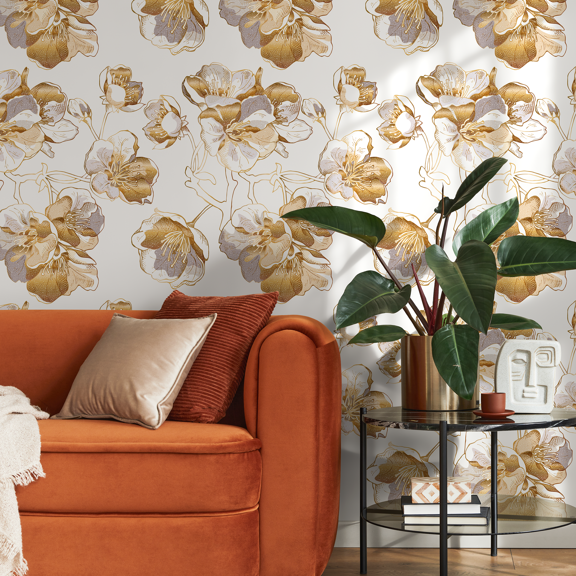 Floral Wallpaper With Stylized Gold Line Flowers In Gold And Gray - A979