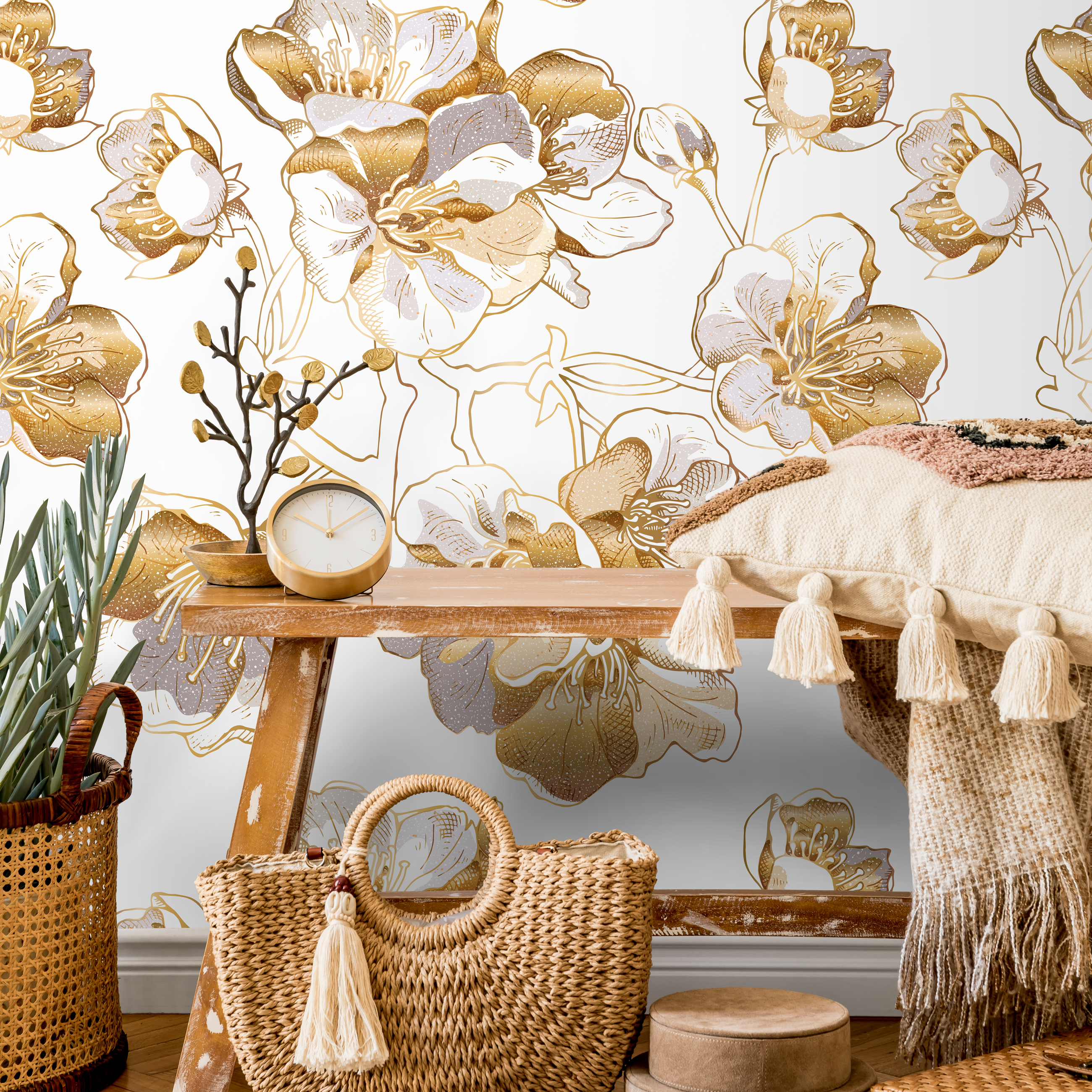 Floral Wallpaper With Stylized Gold Line Flowers In Gold And Gray - A979
