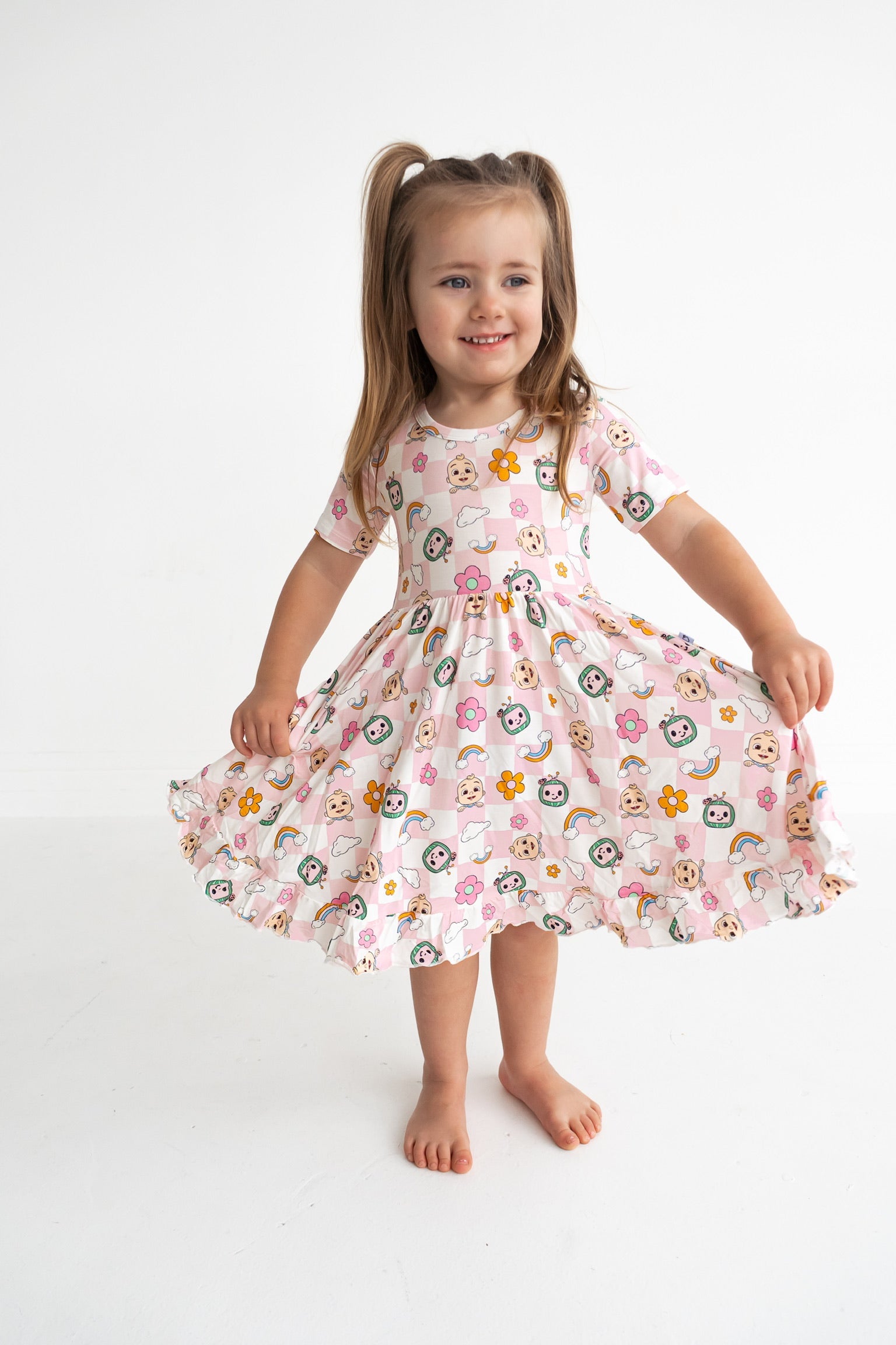 Dream Big Little Co X Cocomelon Jj Rainbow Checkers Short Sleeve Dream Ruffle Dress