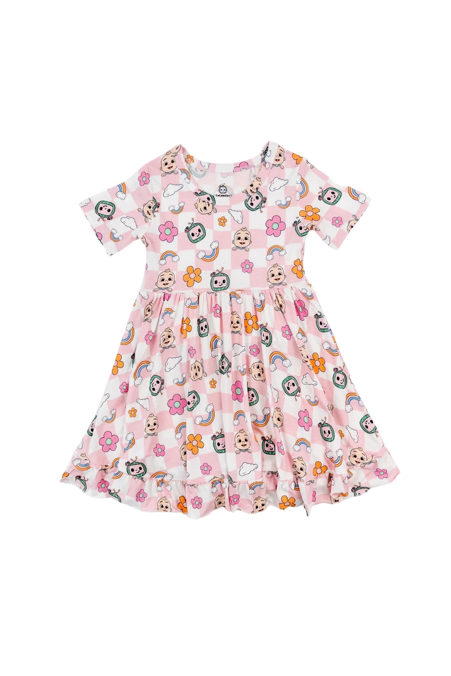 Dream Big Little Co X Cocomelon Jj Rainbow Checkers Short Sleeve Dream Ruffle Dress