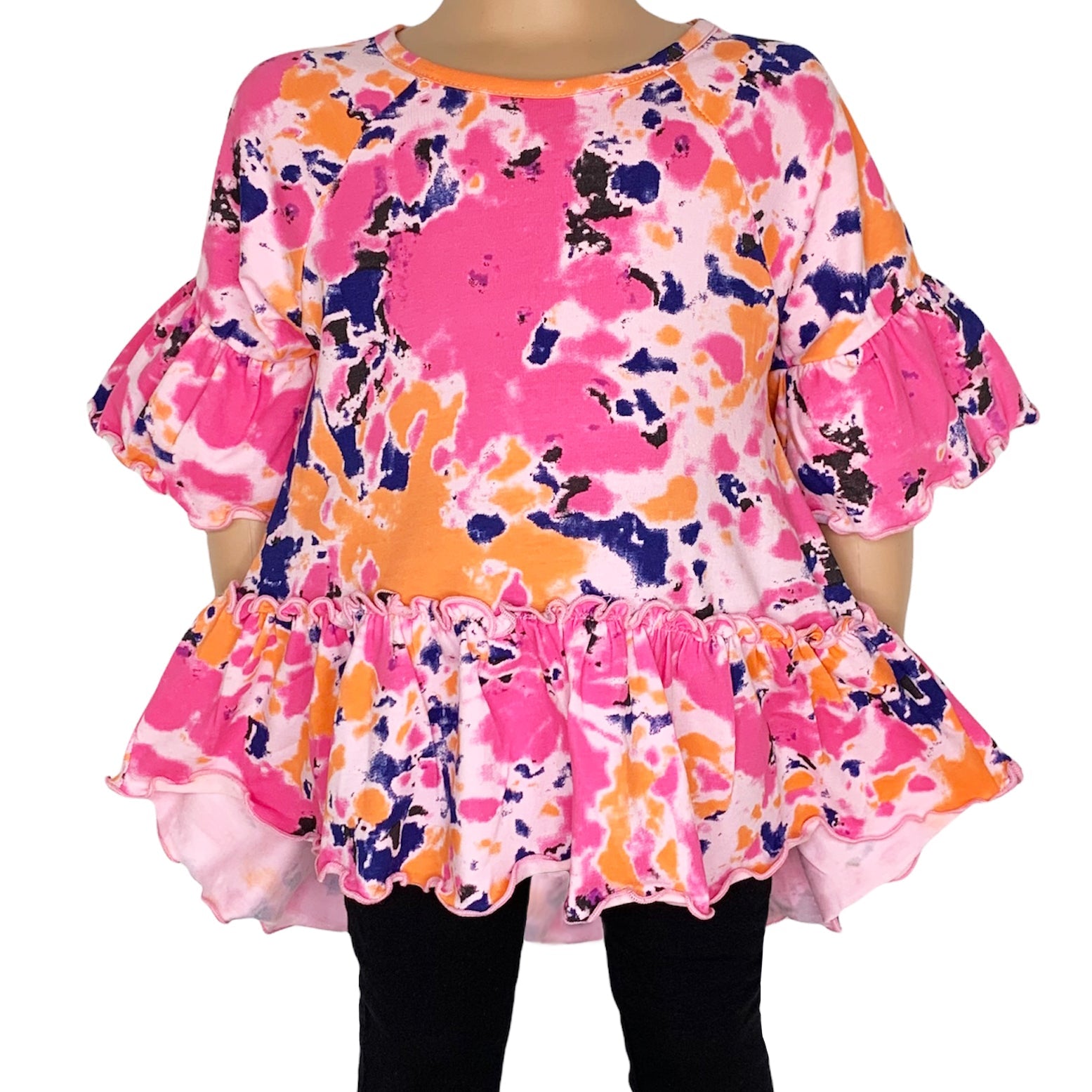 Annloren Girls 3/4 Angel Sleeve Tie Dye Cotton Knit Ruffle Shirt