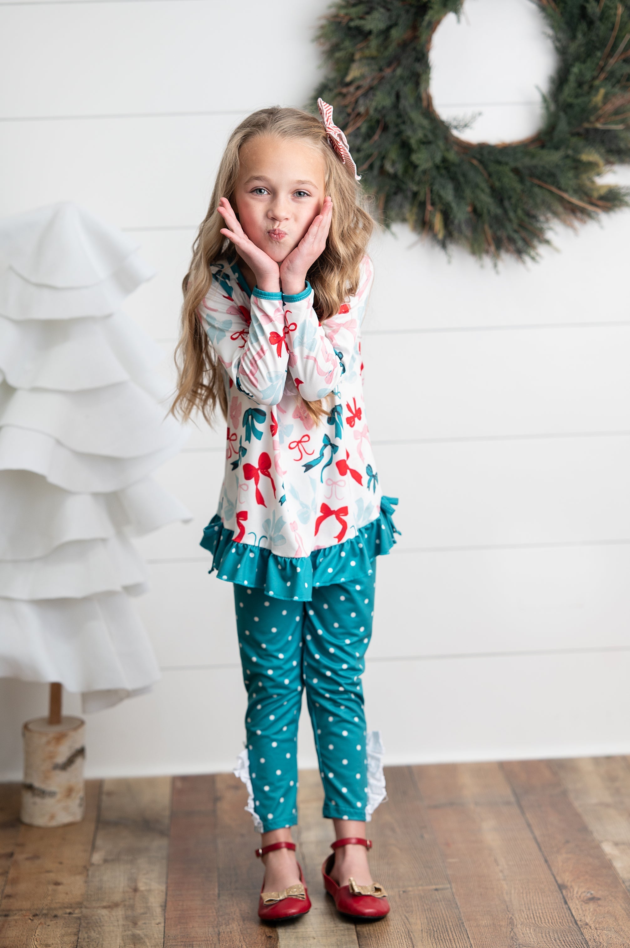 Teal Coquette Bow Dot Pant Set