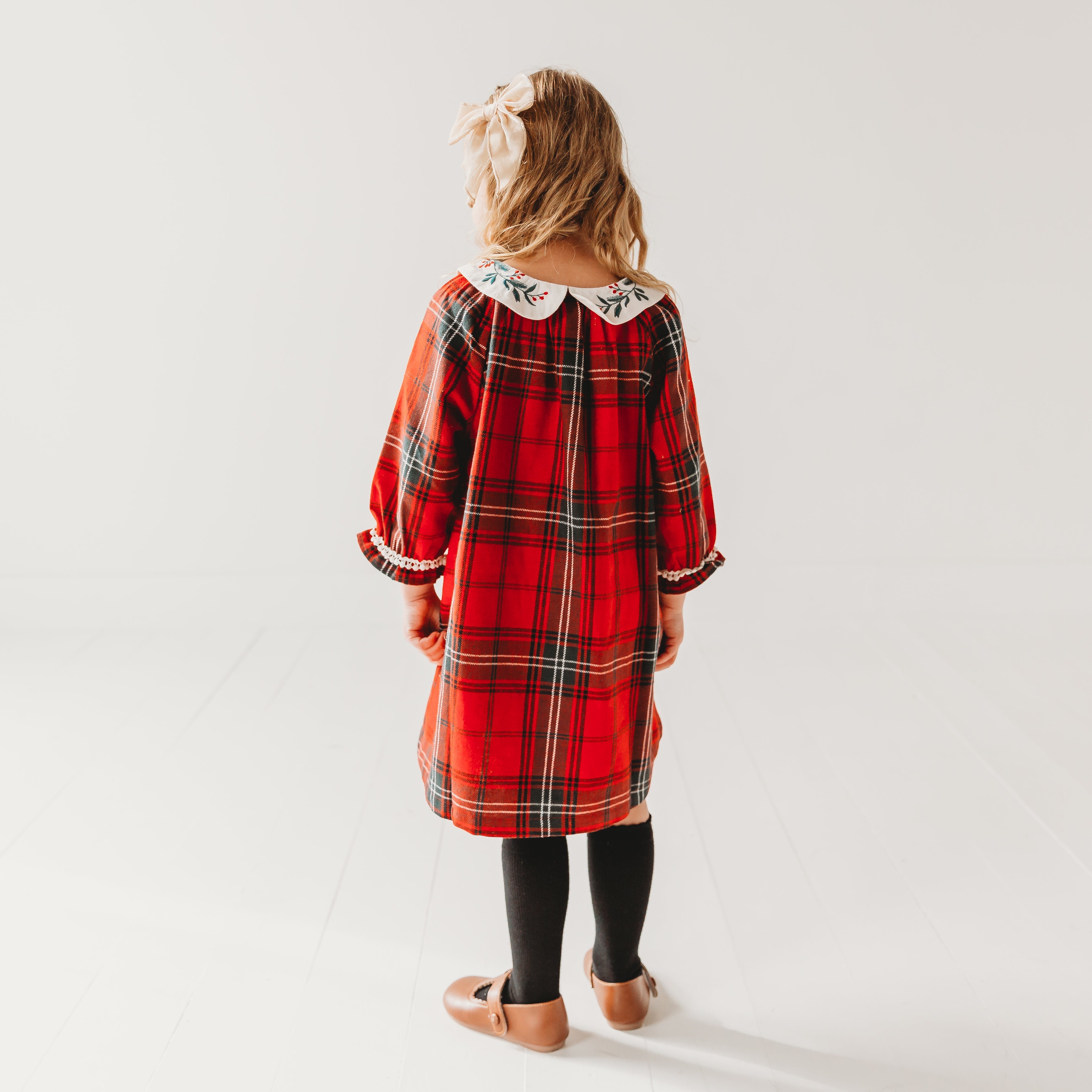 Red Plaid Girl's Christmas Dress Embroidery