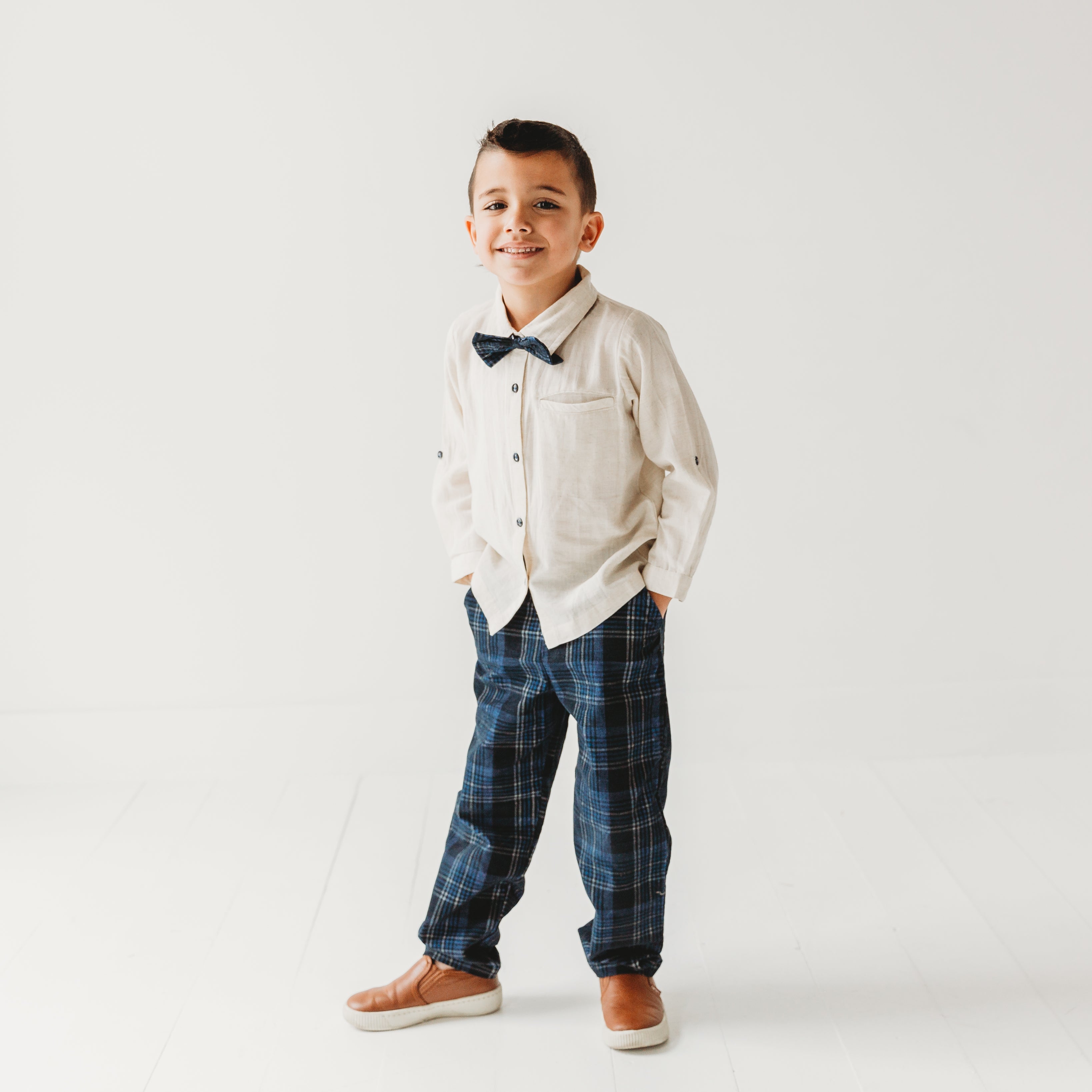 Boys Blue Plaid Cord Set, With Linen Shirt With Bow