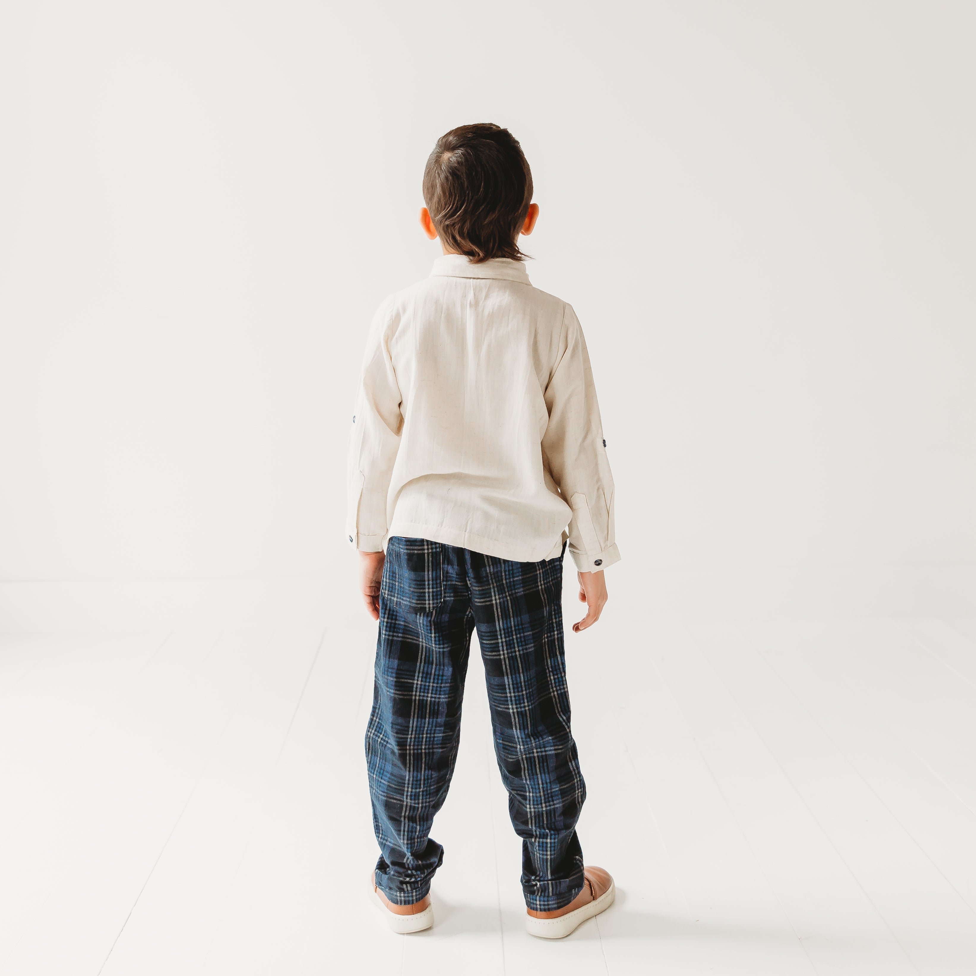 Boys Blue Plaid Cord Set, With Linen Shirt With Bow