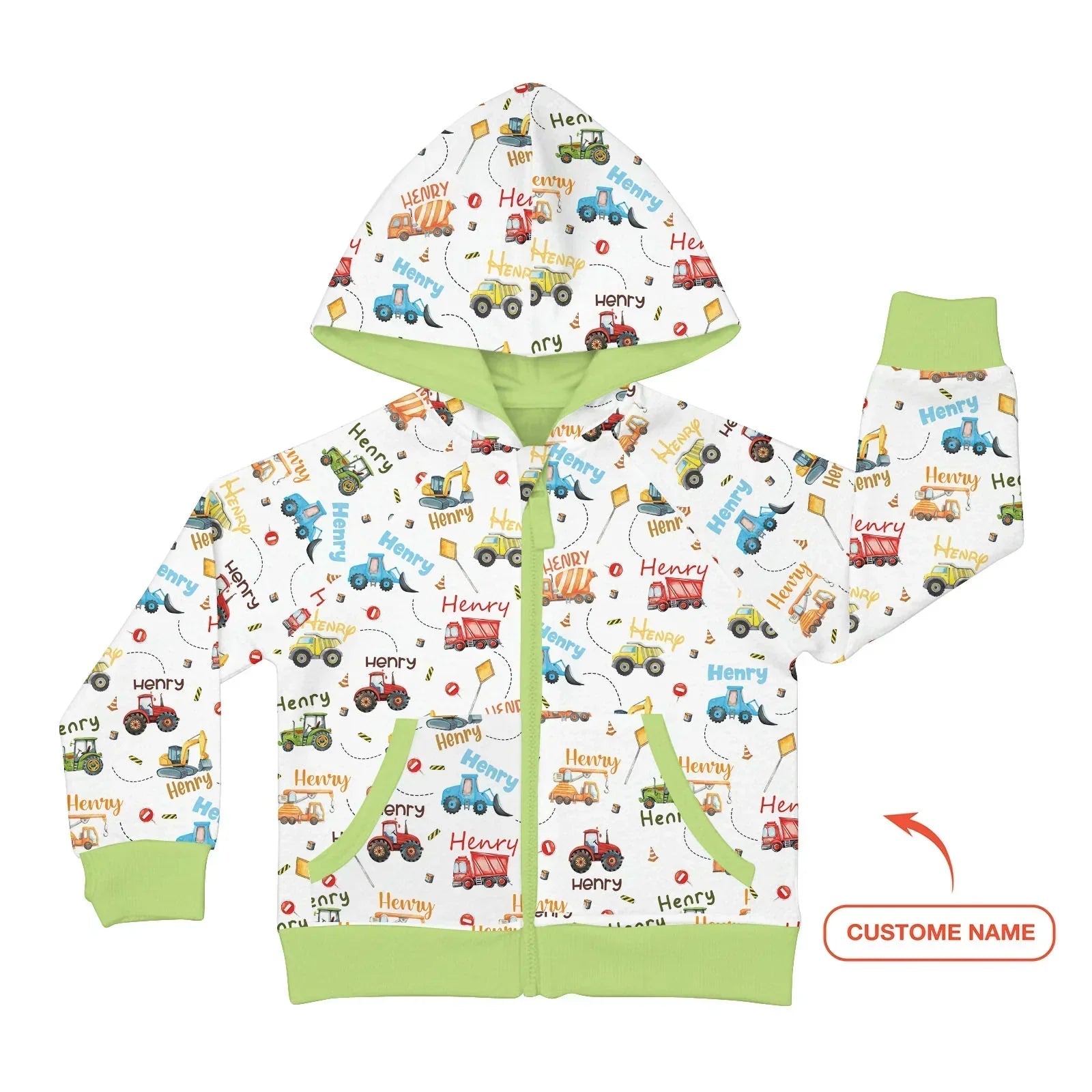 Construction Vehicles Custom Name Bamboo Zip Hoodie