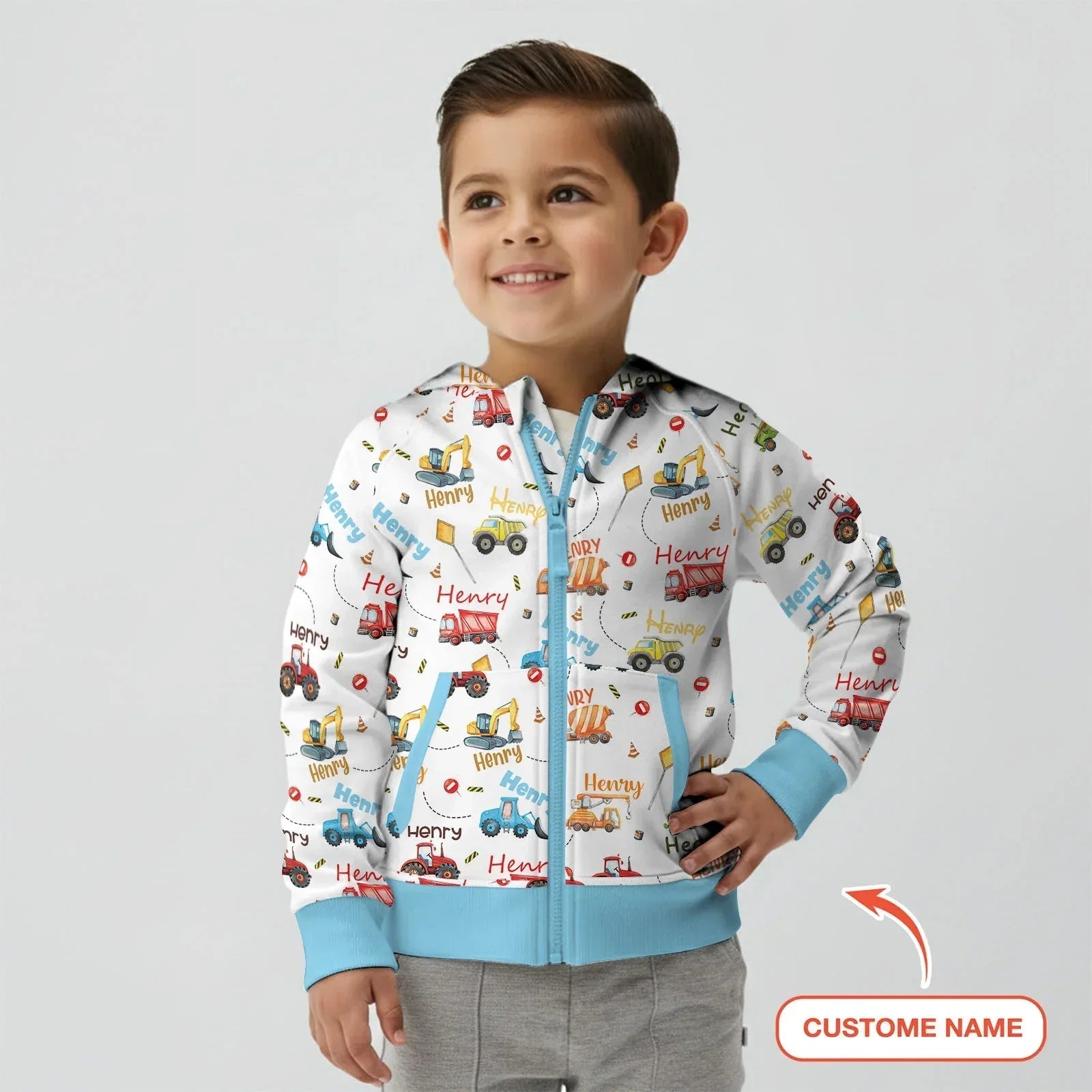 Construction Vehicles Custom Name Bamboo Zip Hoodie