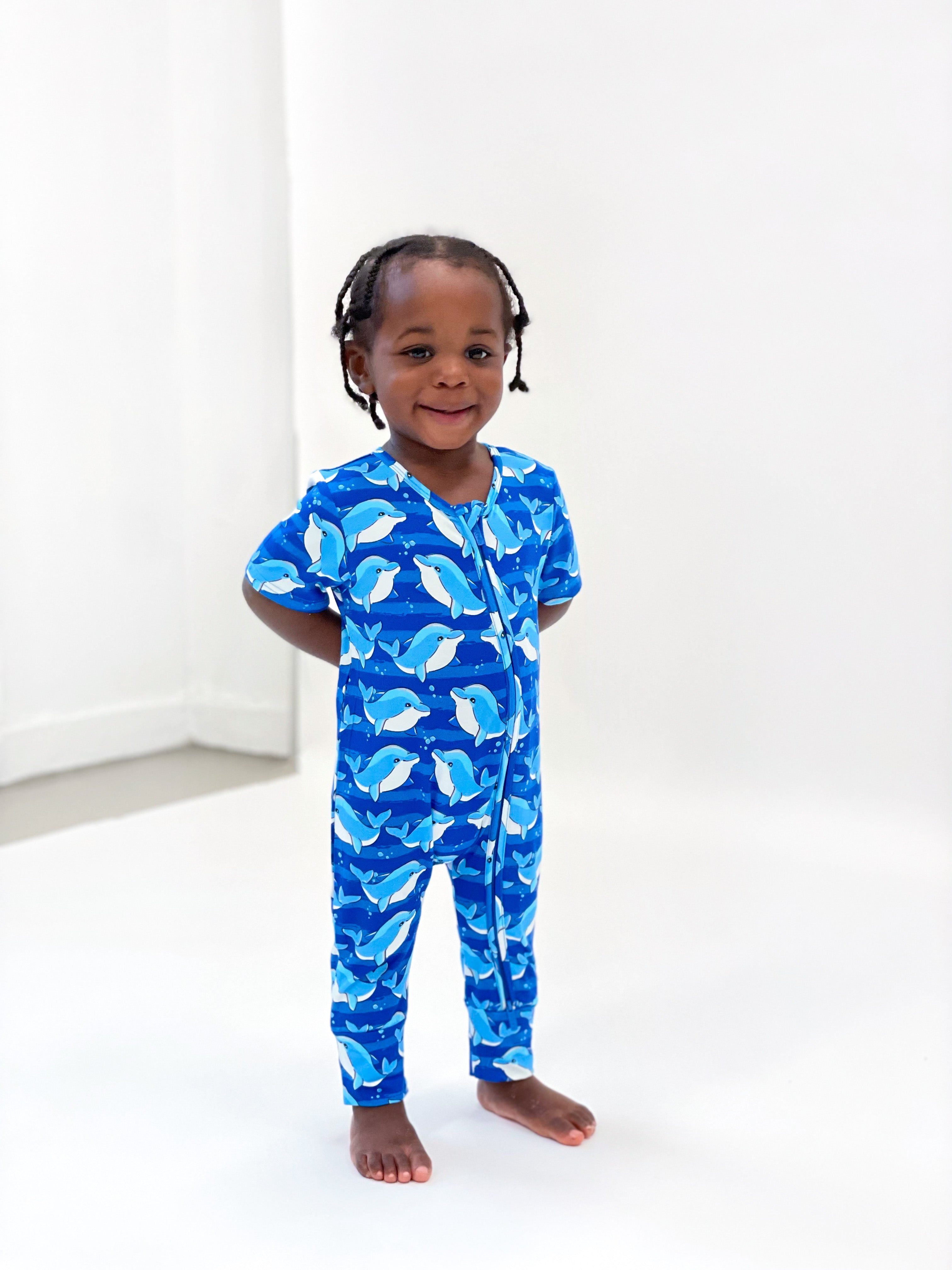 Under The Sea Ocean Water Dolphin Boys Short Sleeve Bamboo Footless Zip Romper