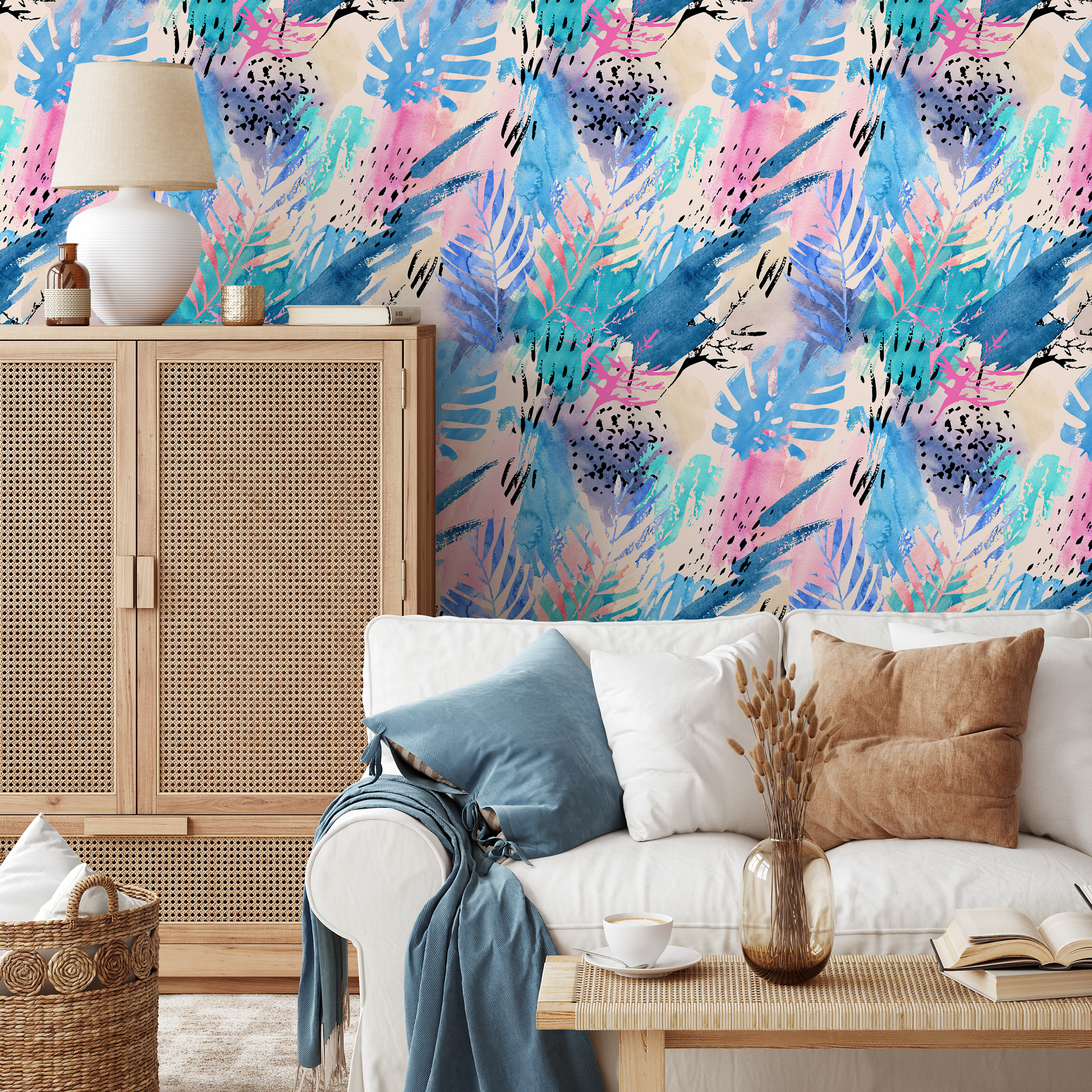 Abstract Wallpaper With Tropical Leaves And Brushstrokes In Blue, Pink, And Black - B003